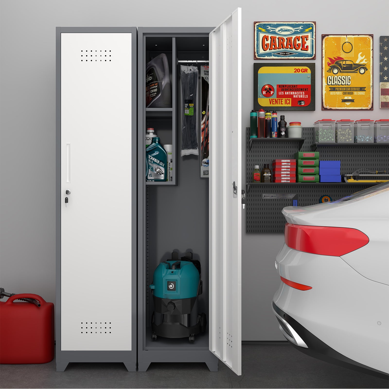 Slim Broom Storage Cabinet with Shelves, Hanging Rod & Locking Door - Metal