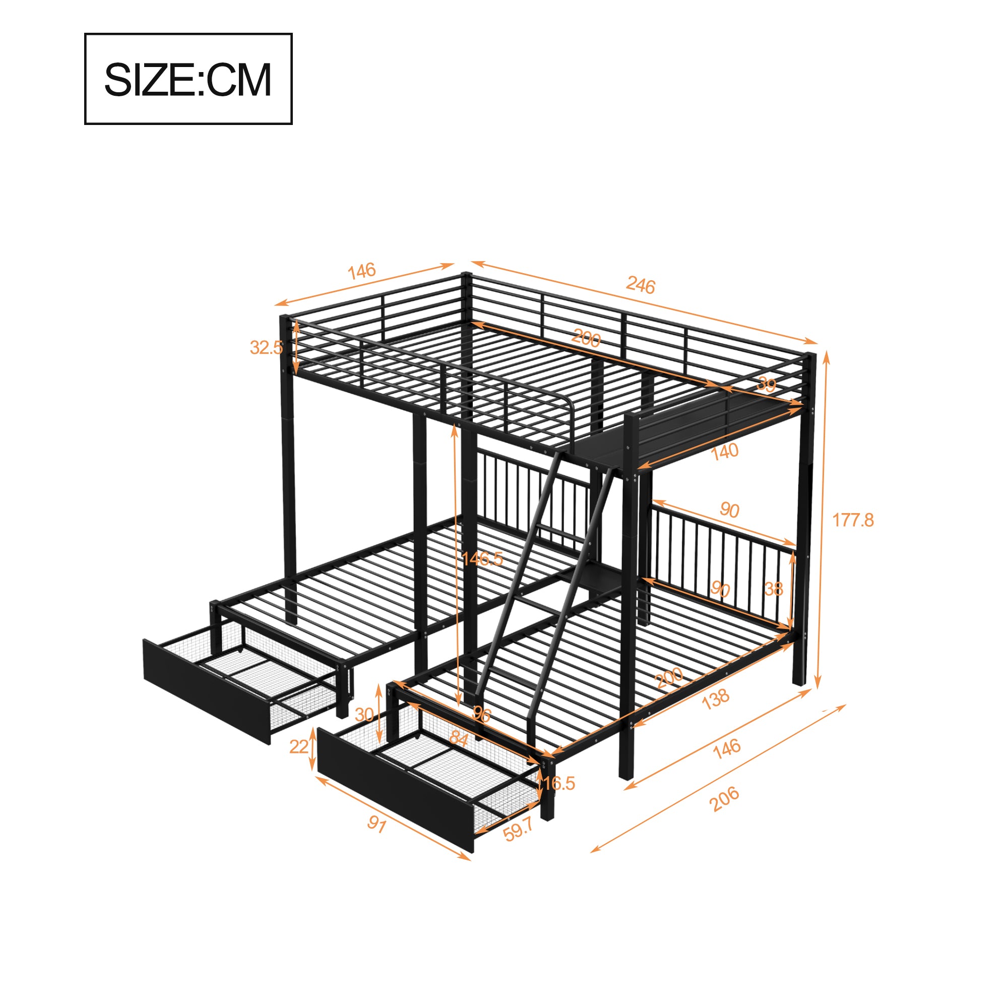 Triple Bunk Bed, Drawers, Convertible to Double & Two Single Beds, Metal, Black