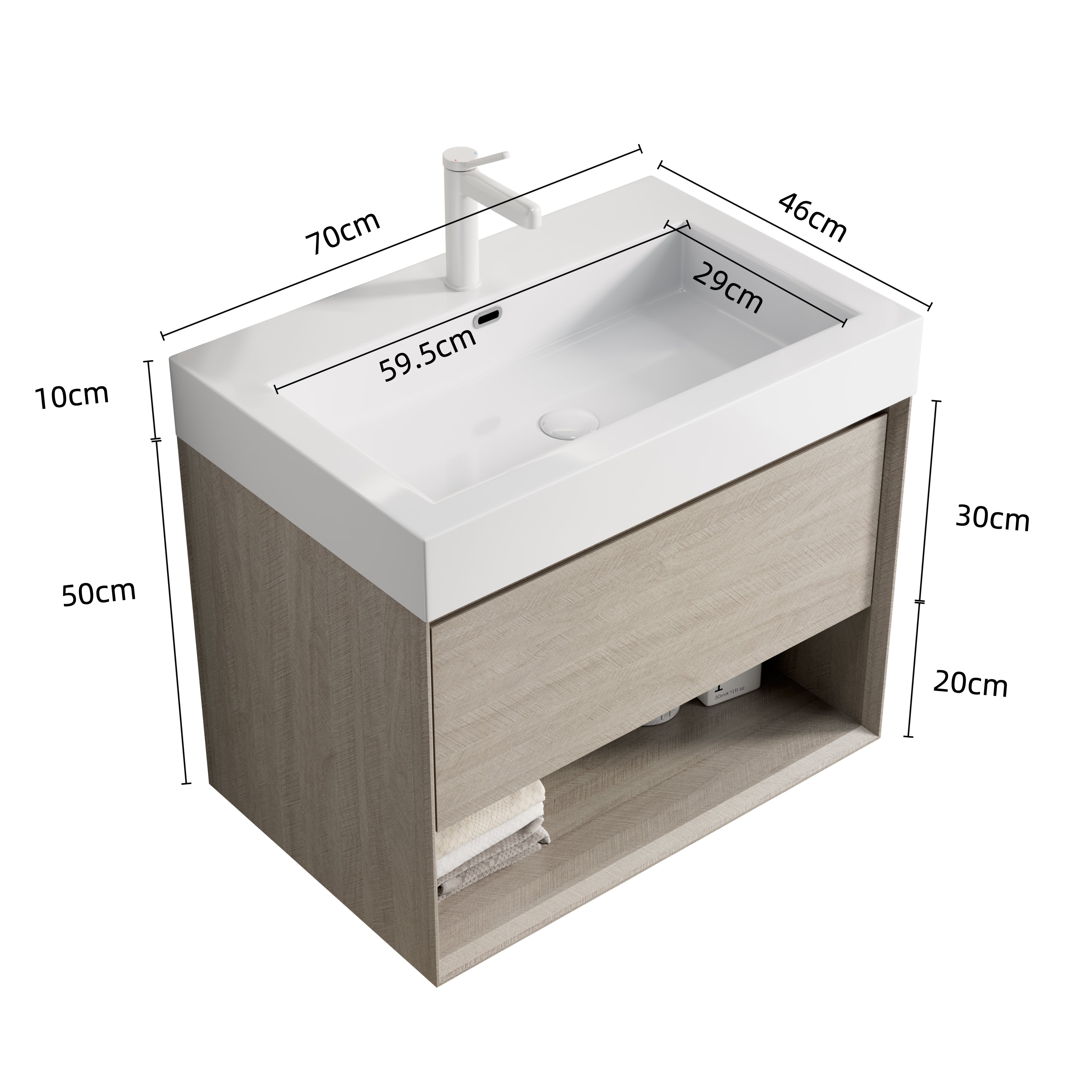 LUZ 70cm Wall-Mounted Bathroom Vanity Unit with Integrated Basin, Light Oak Wood Grain