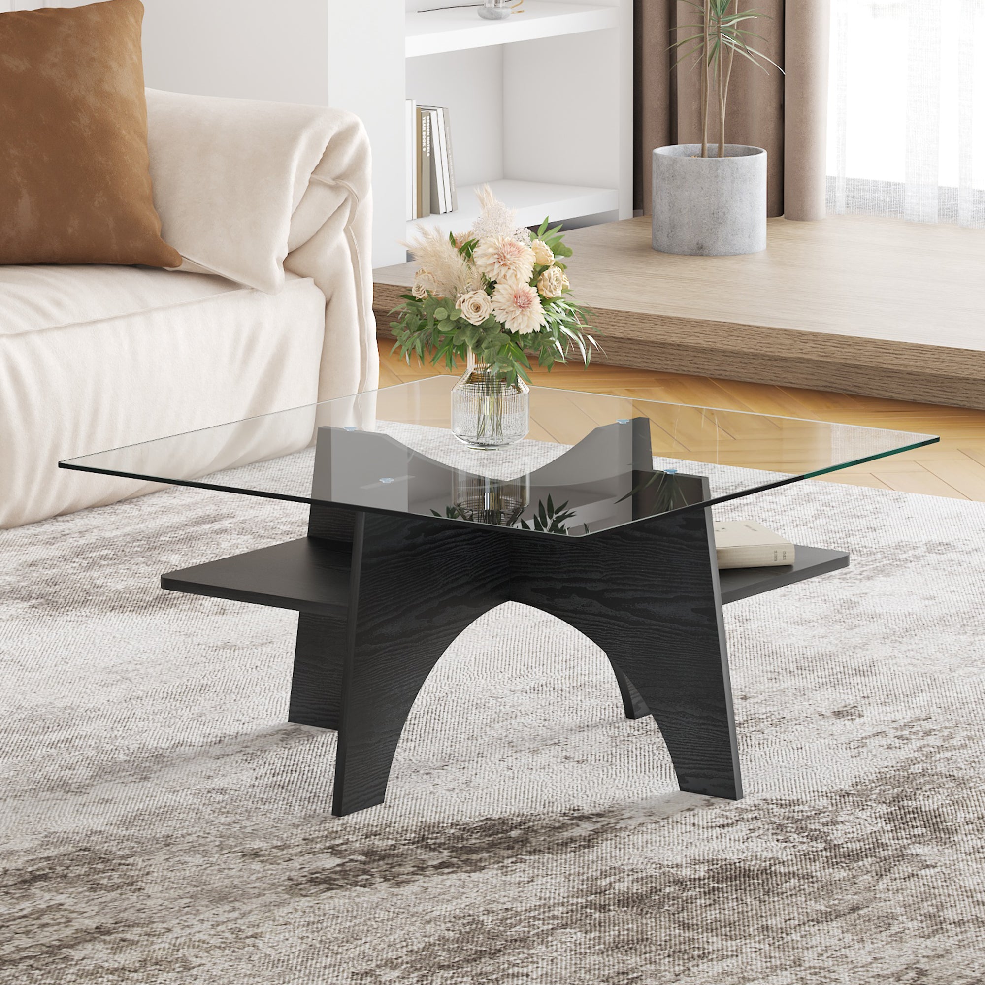 Side Table/Coffee Table Square 80cm Tempered Glass Black Wood Look