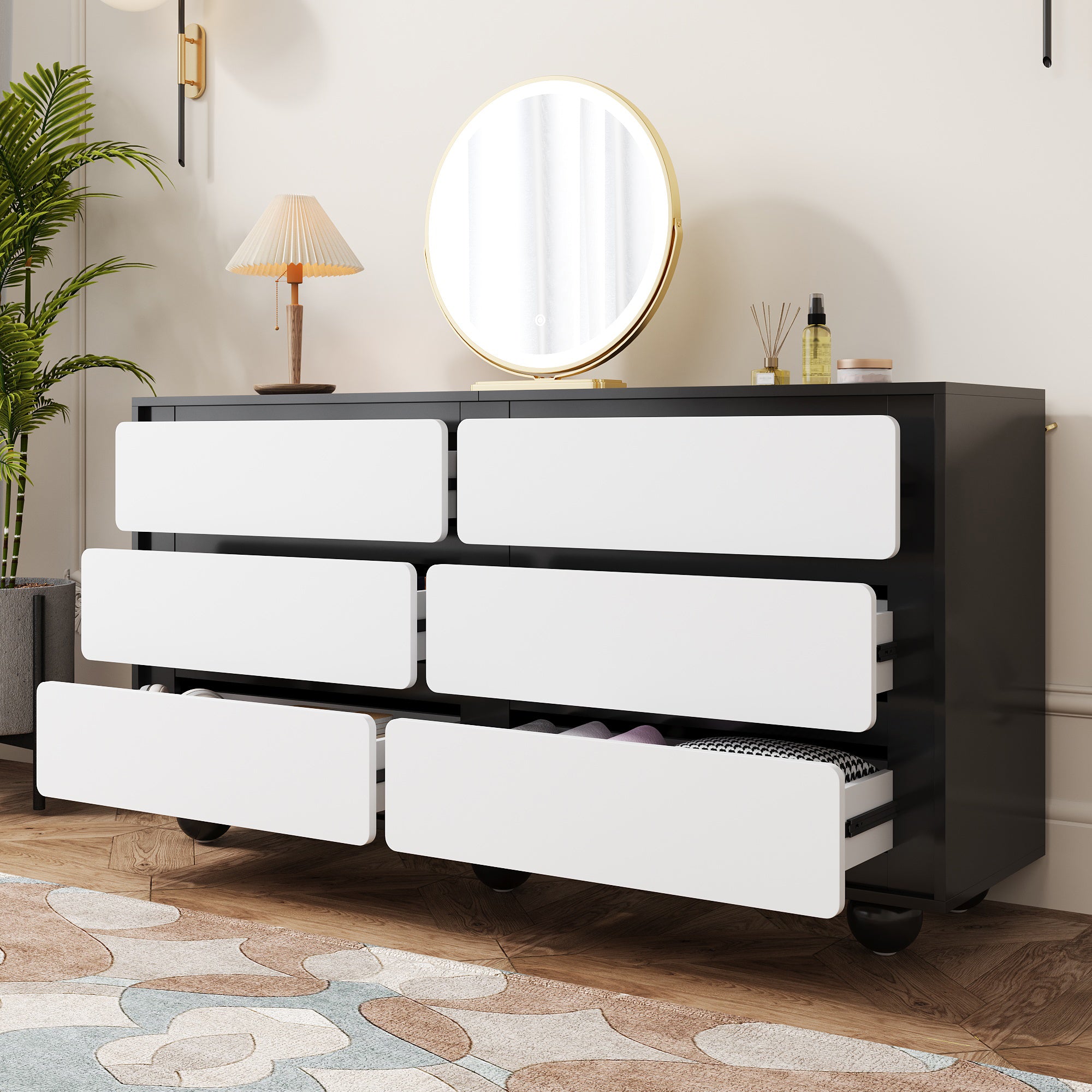 Sideboard, Six-Drawer Chest & Dressing Table, Modern, Black & White