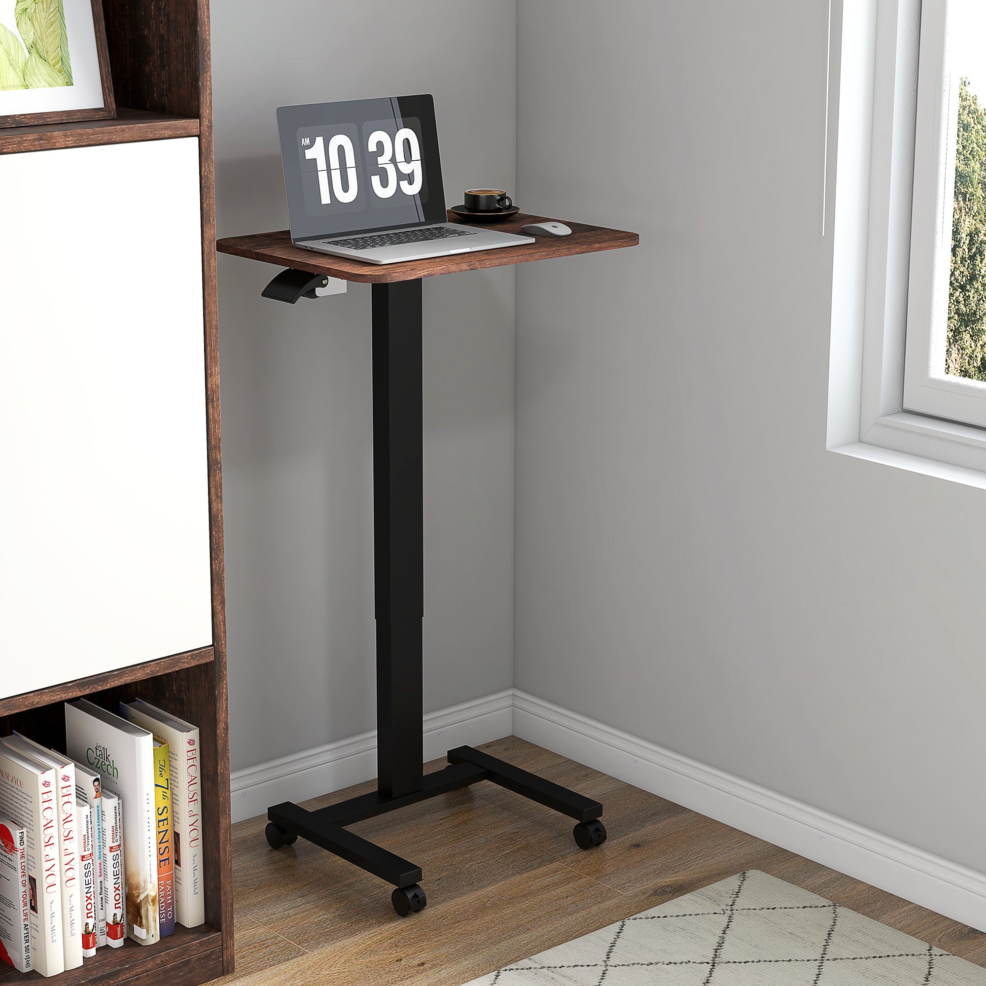 Height-Adjustable Laptop Table, 4 Casters, Hand Crank, Rustic Brown Chipboard
