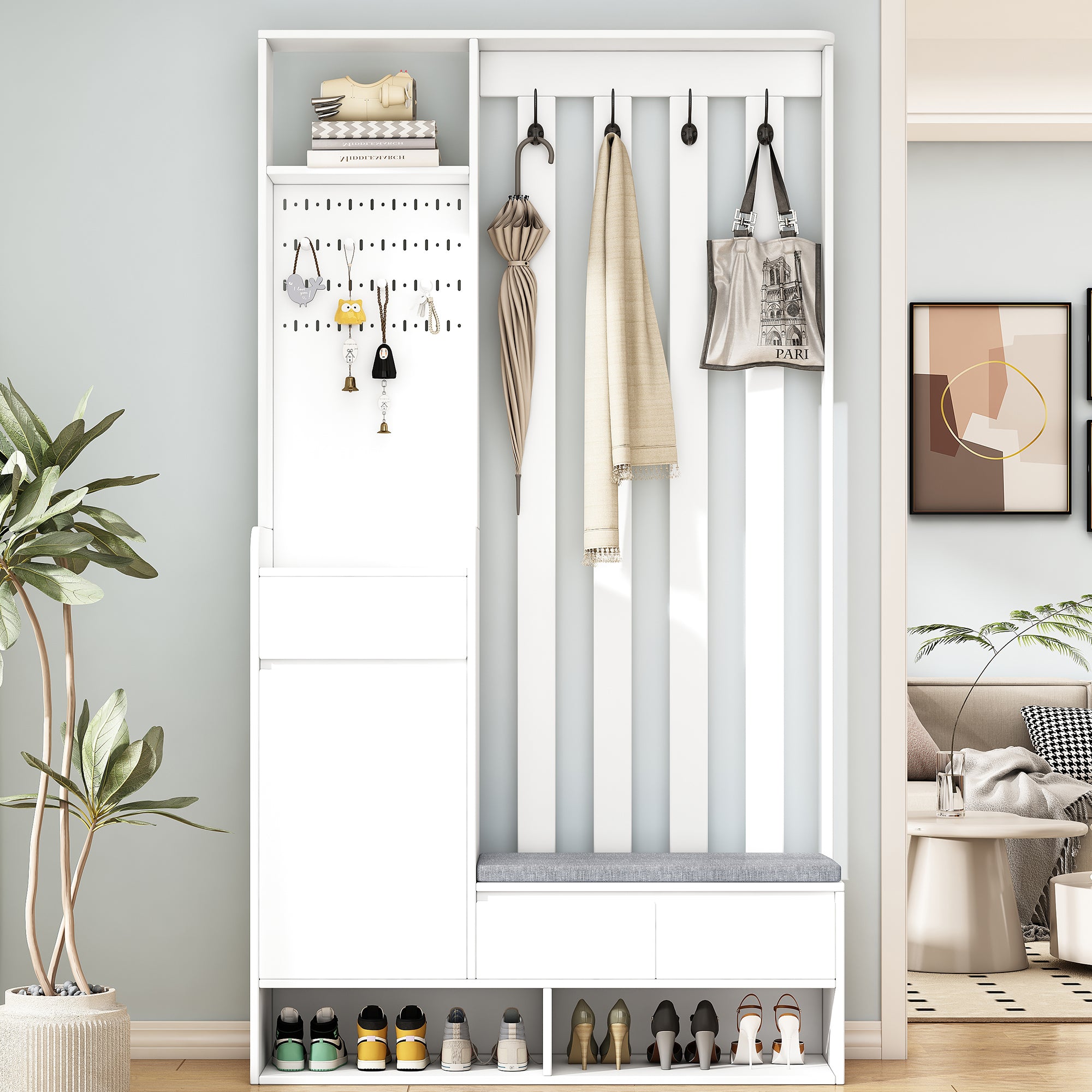 Hallway coat rack with padded storage bench and pegboard, with 4 hooks, white