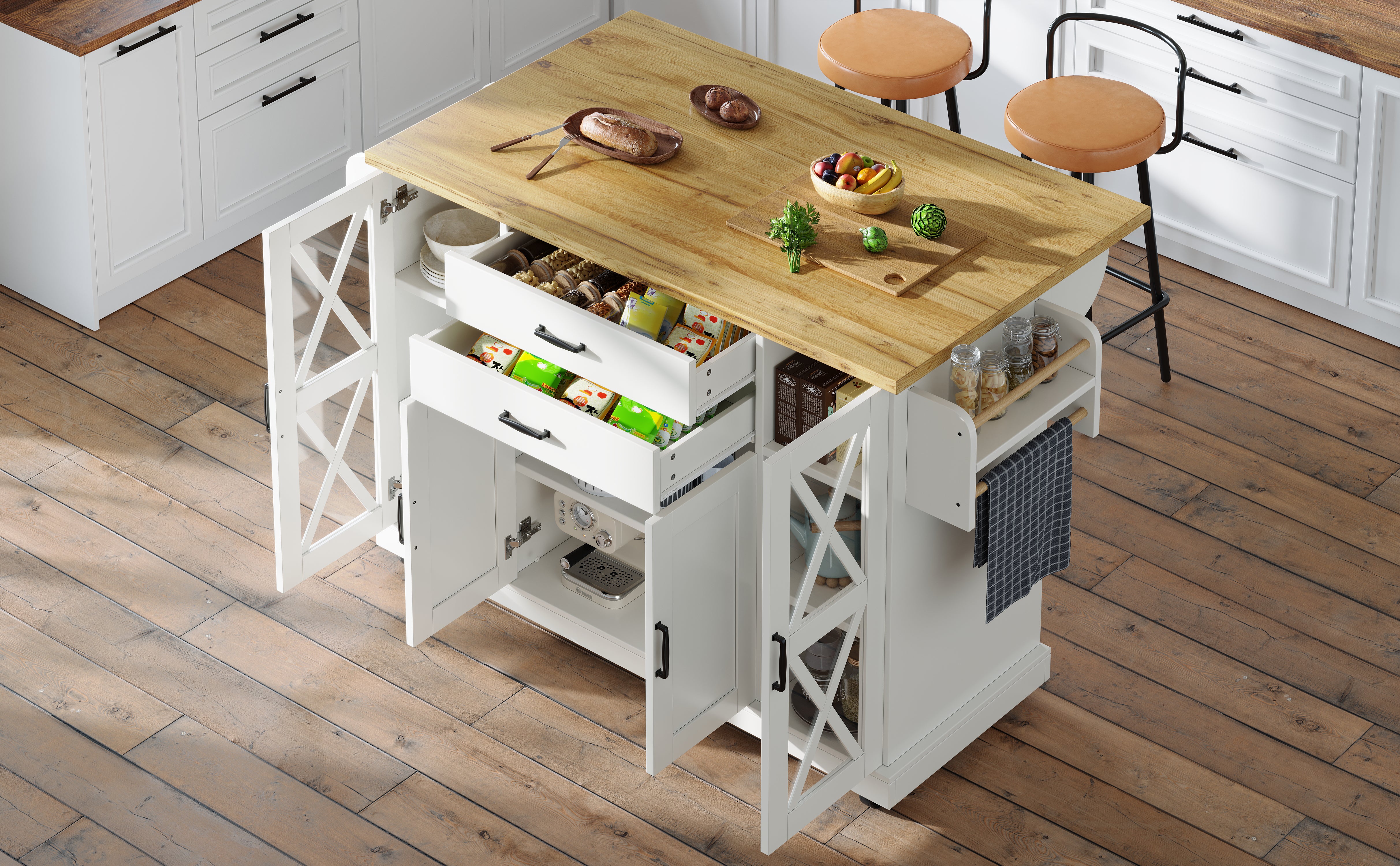 Mobile Kitchen Island Serving Trolley 4 Doors Glass Drawers Adjustable Shelves - White