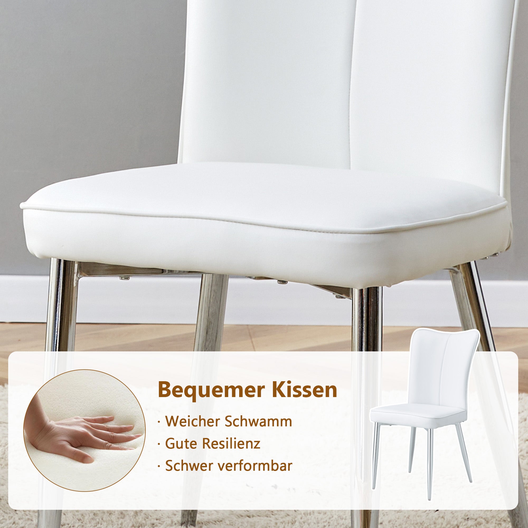 Dining Table Set, Minimalist 85cm Tempered Glass Table with 2 PU Chairs, White