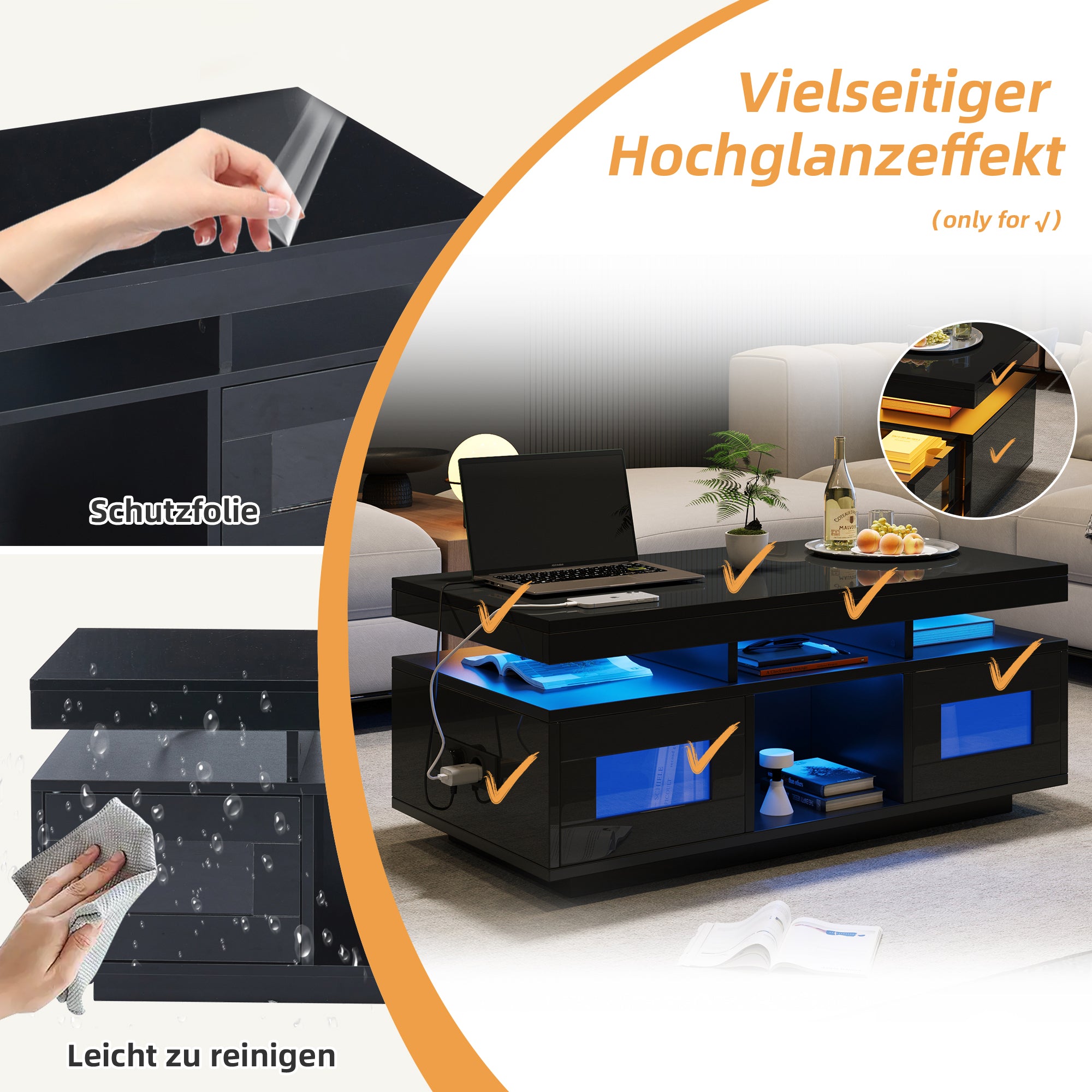 Coffee Table 100x50x43cm High-Gloss LED Lights Charging Port Black