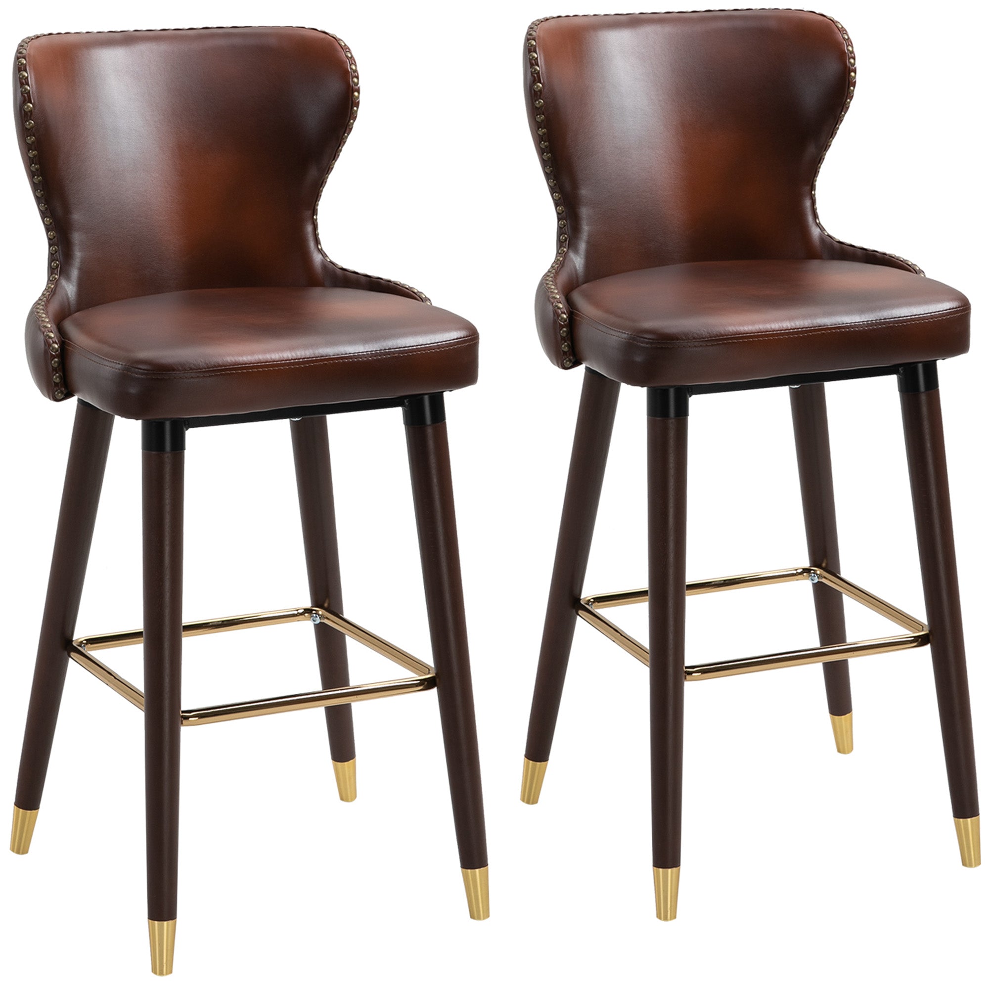 Bar Stool Set of 2, Bistro Chairs Footrest Backrest, PU Brown