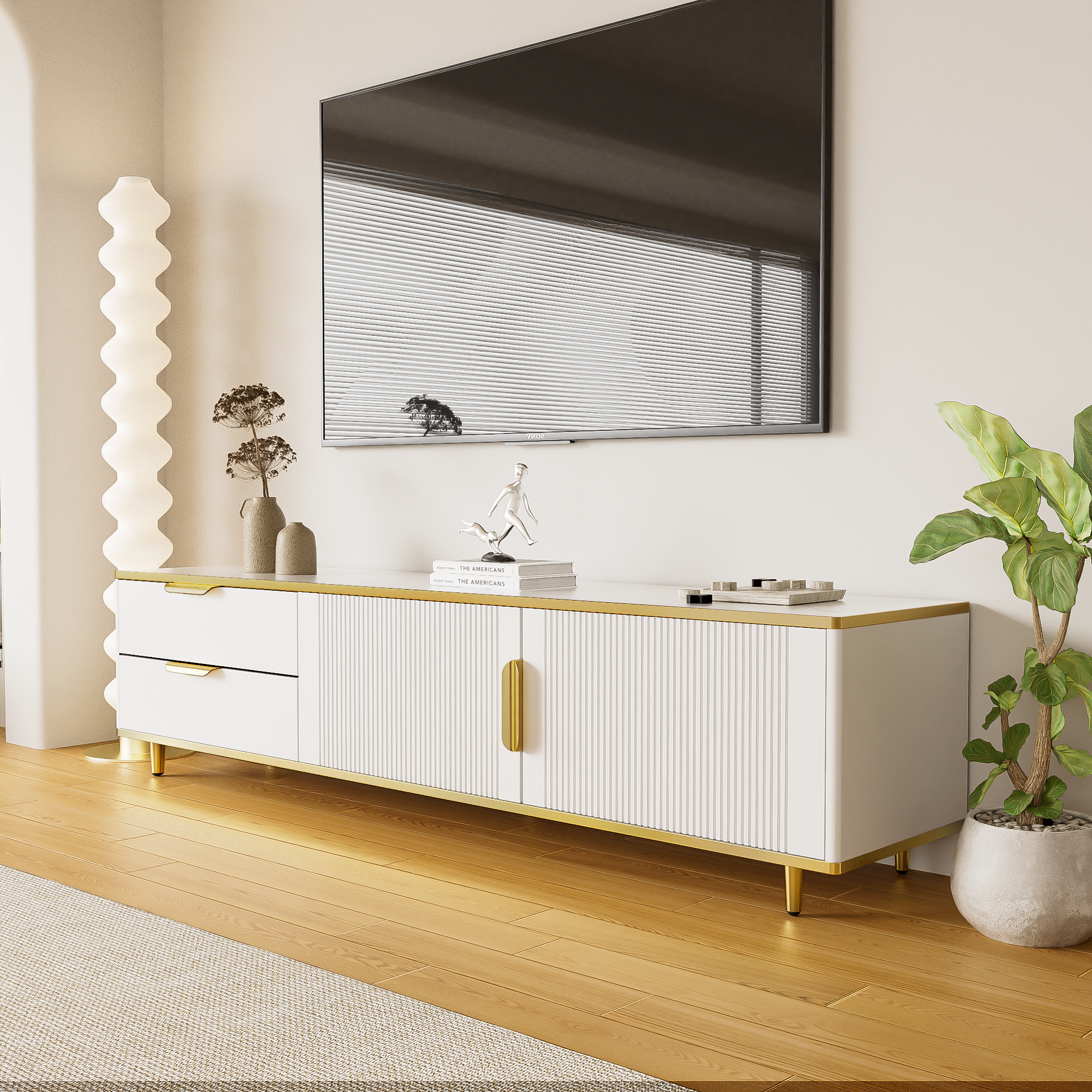 TV Cabinet, Carved Texture with Golden Handles & Feet, Marble