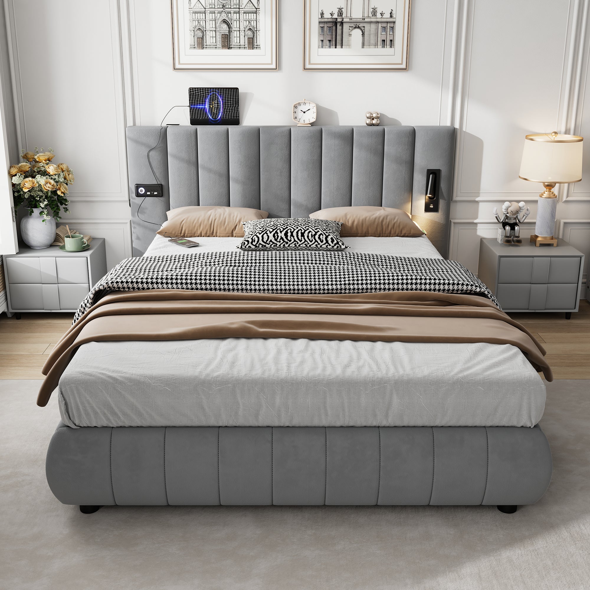 Upholstered Bed King Size 150x200cm with Stereo, USB Ports, Lighting, Electrical Plug & Soft Headboard, Grey Velvet+Iron
