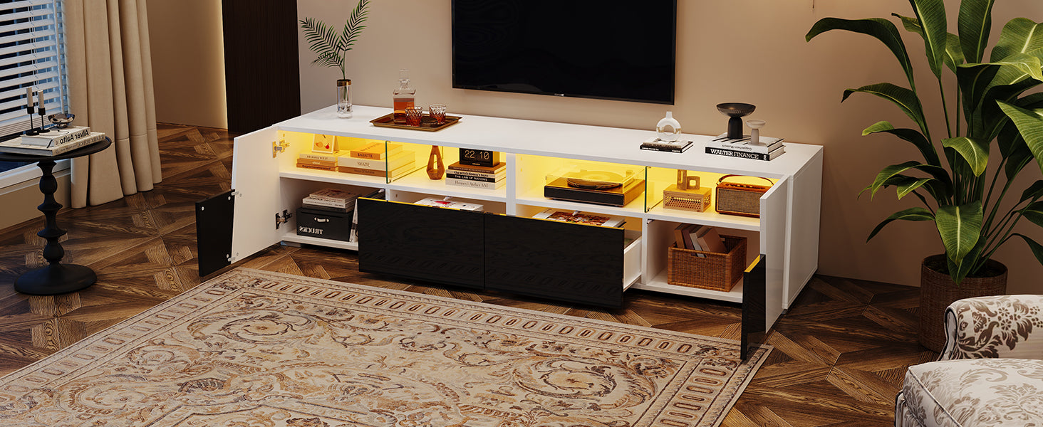 TV Stand High-gloss LED Lighting 2 Drawers 2 Cabinets 80-inch, White + Black