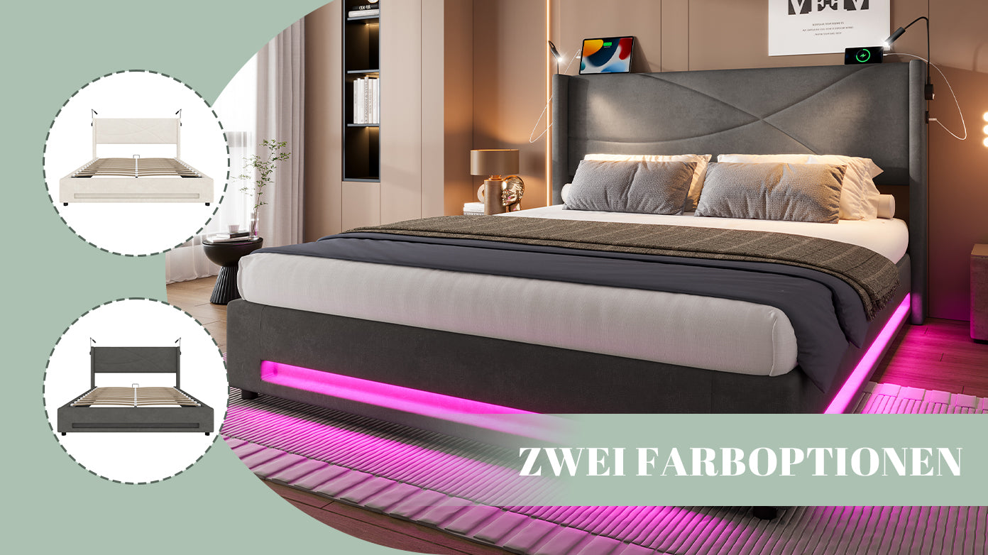 Bed Frame, Modern Design 160x200cm, Hydraulic Storage, LED Lights, USB Ports