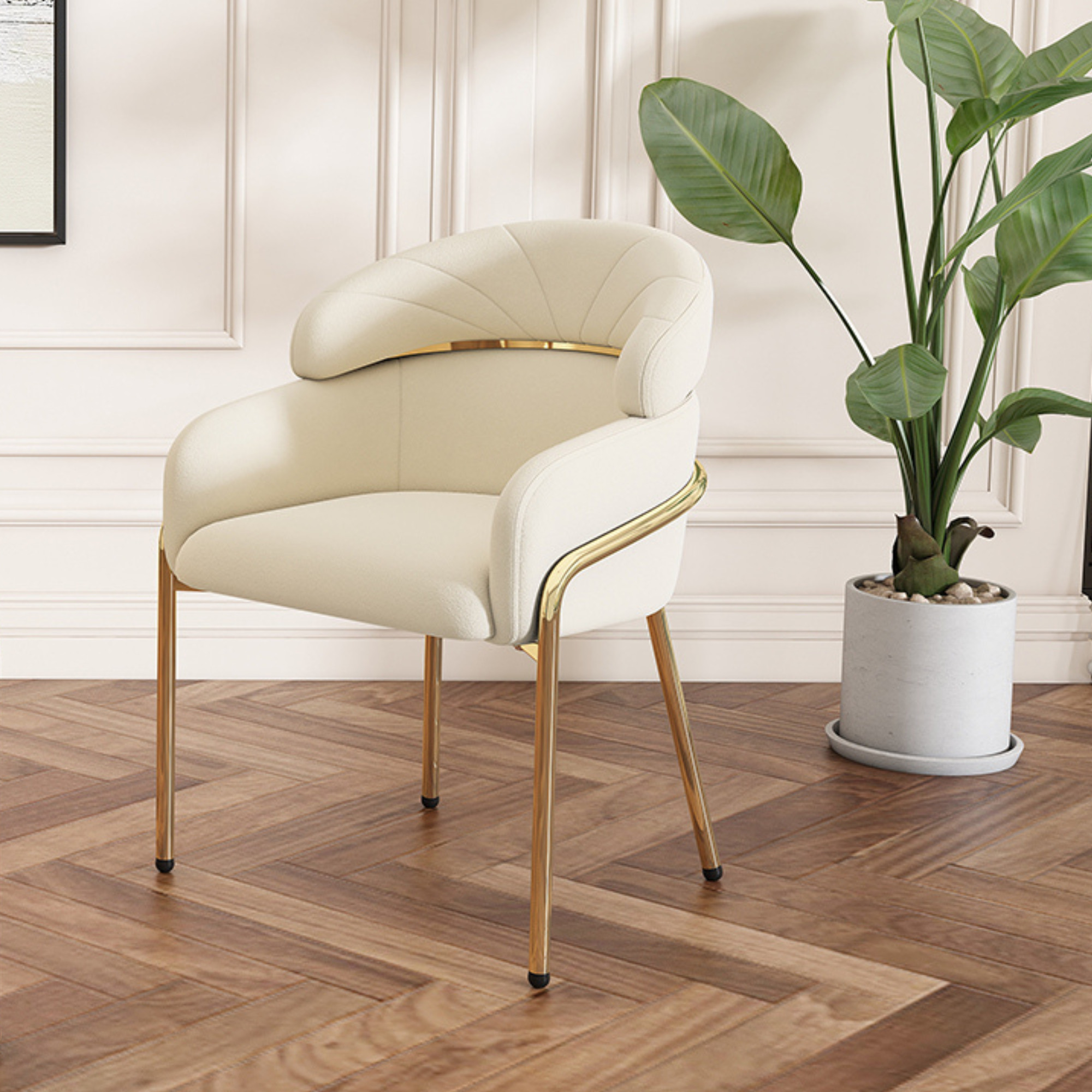 Light Luxury Dining Chair with Metal Legs, Velvet, Beige