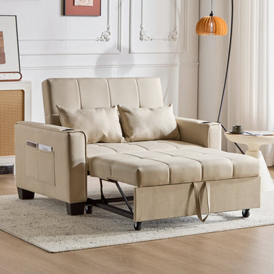 2 Seater Sofa Bed with Cup Holders, Pull Out Sleeper Sofa Convertible, Beige Fabric