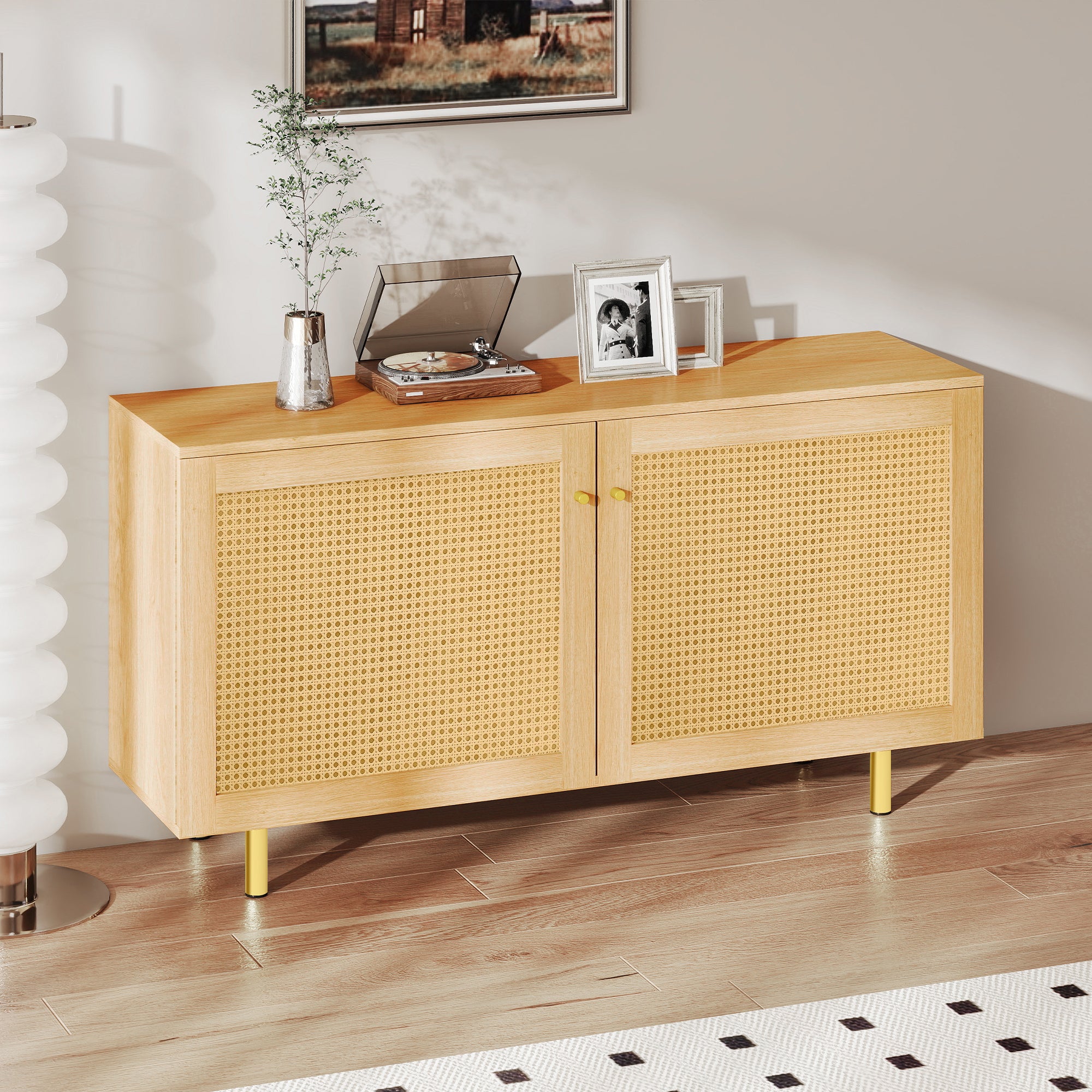 Wicker Sideboard Double-Door Storage Cabinet 120cm Natural Wood Look