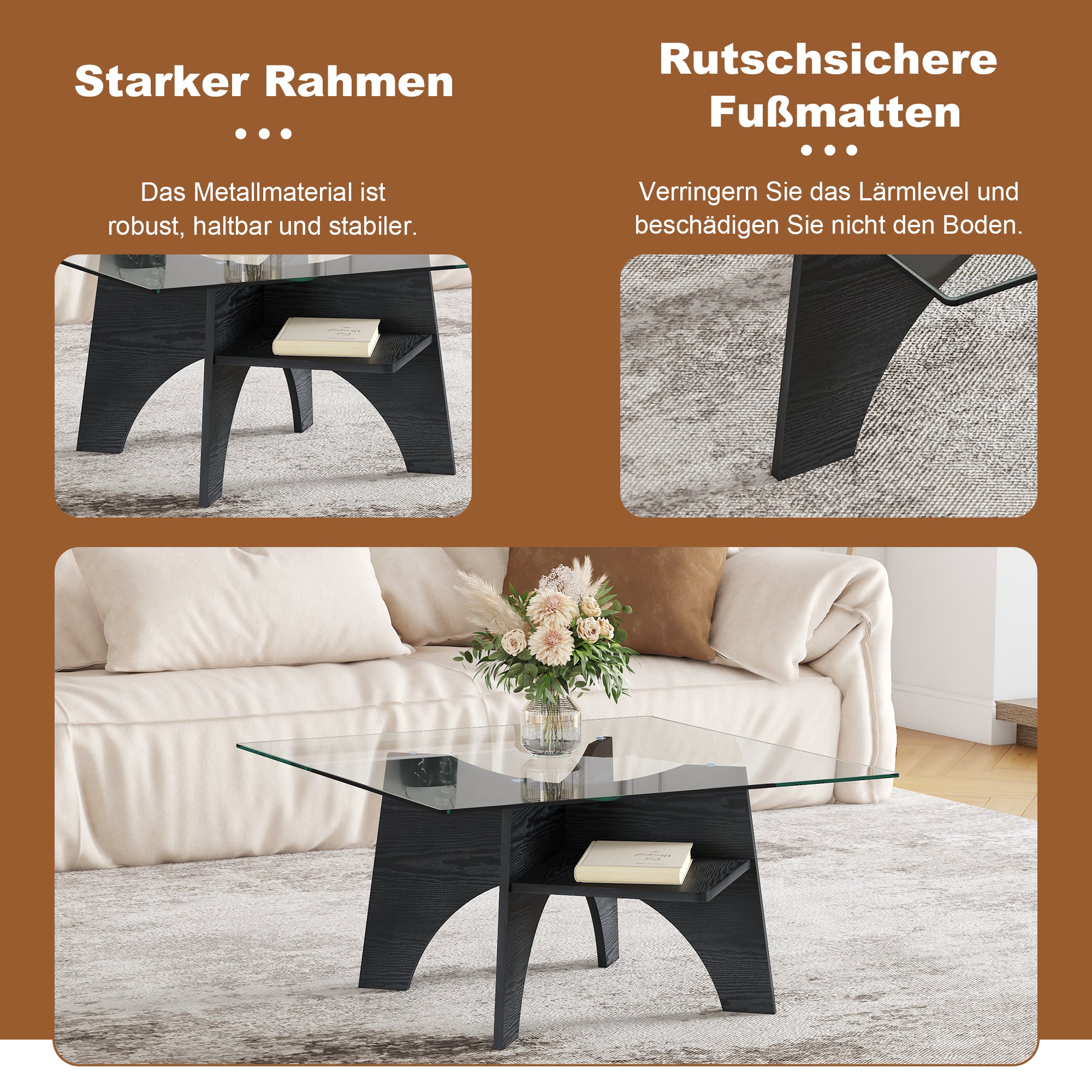 Modern Square Side/Coffee Table Tempered Glass 80cm - Black Wood Look