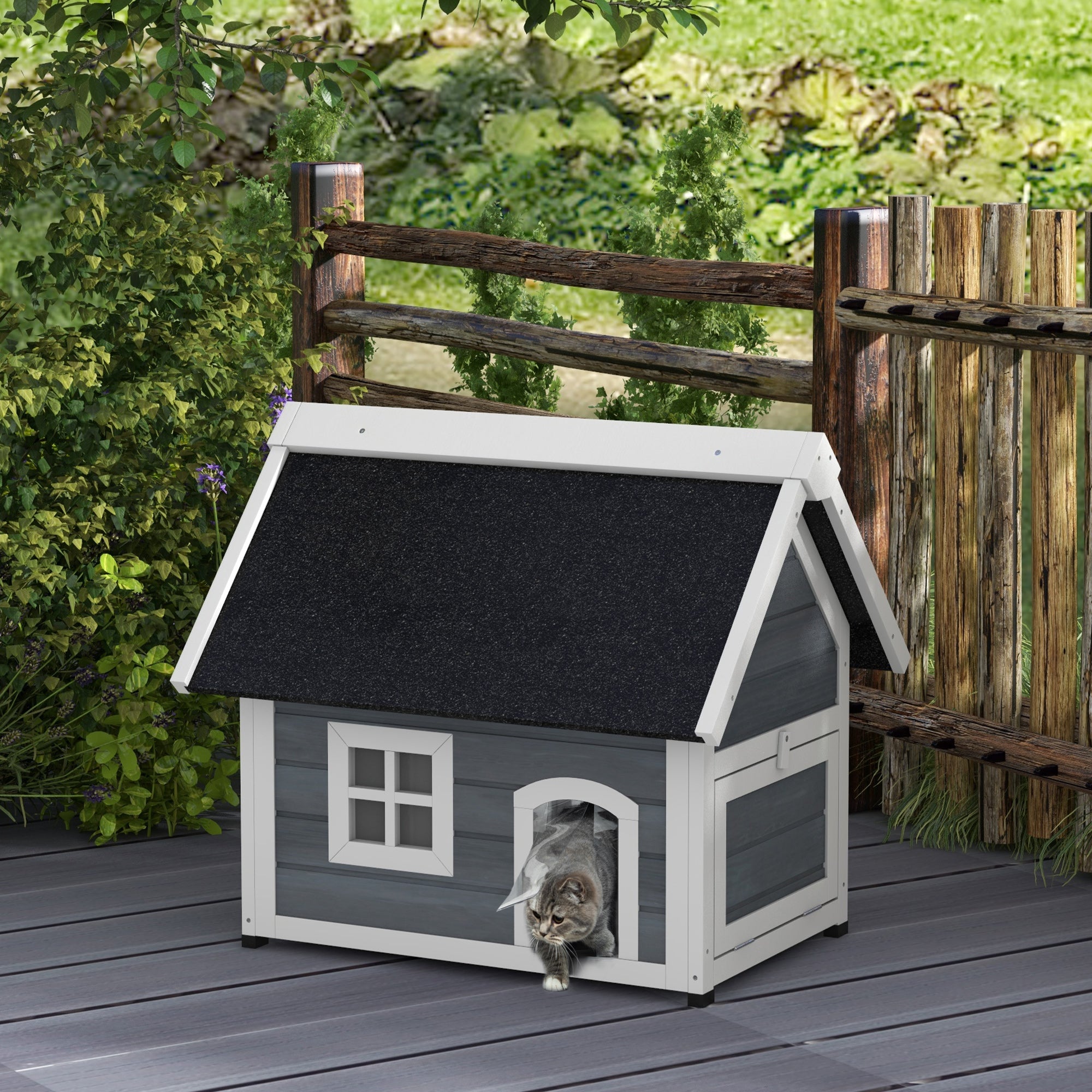 Cat House/Cave, Weatherproof Wooden with Hinged Roof, 3 Doors, Grey