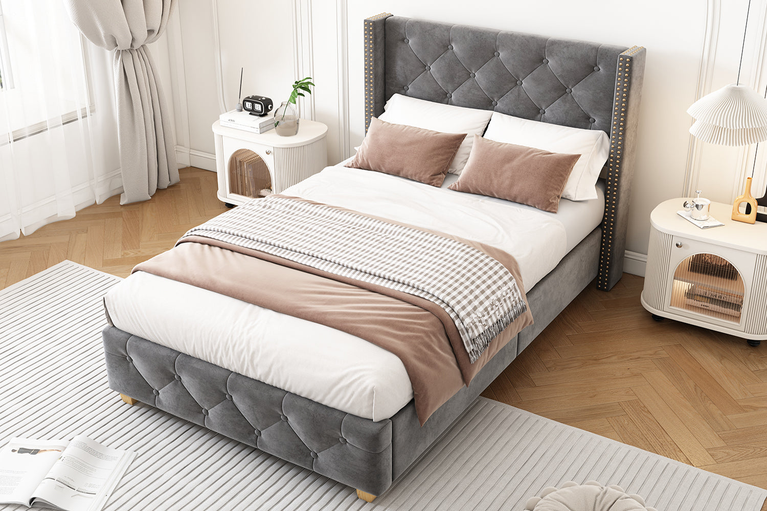 Upholstered Bed, Single Bed-3ft(90*190cm) with Slatted Frame and Headboard, Button Upholstery, Rivet Upholstery, Wooden Legs, Velvet, Grey