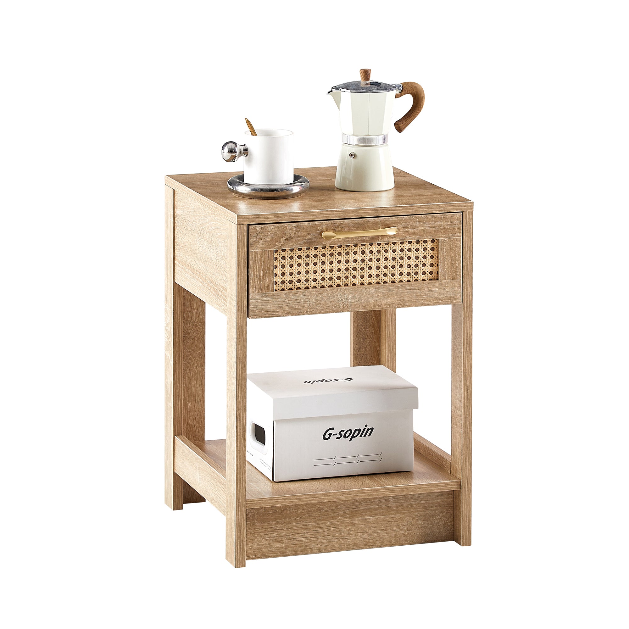 Rattan Side Table with Drawer H55xW40xD40cm Natural Wood Look