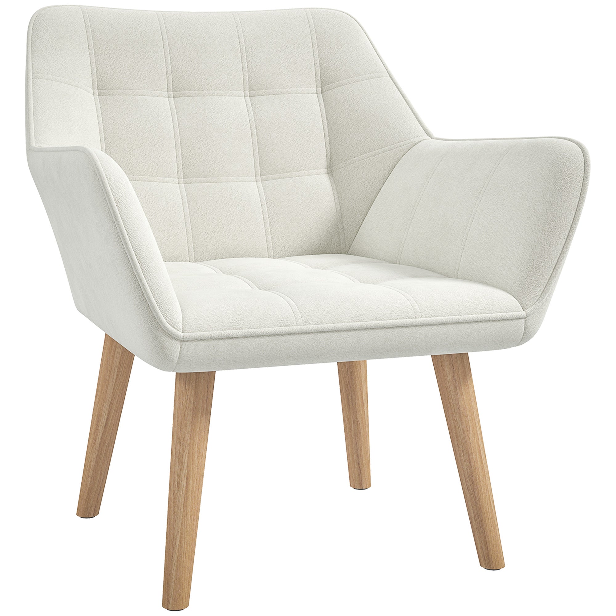 Accent Chair with Wide Arms, Slanted Back, Thick Padding, Rubber Wooden Legs, Cream White