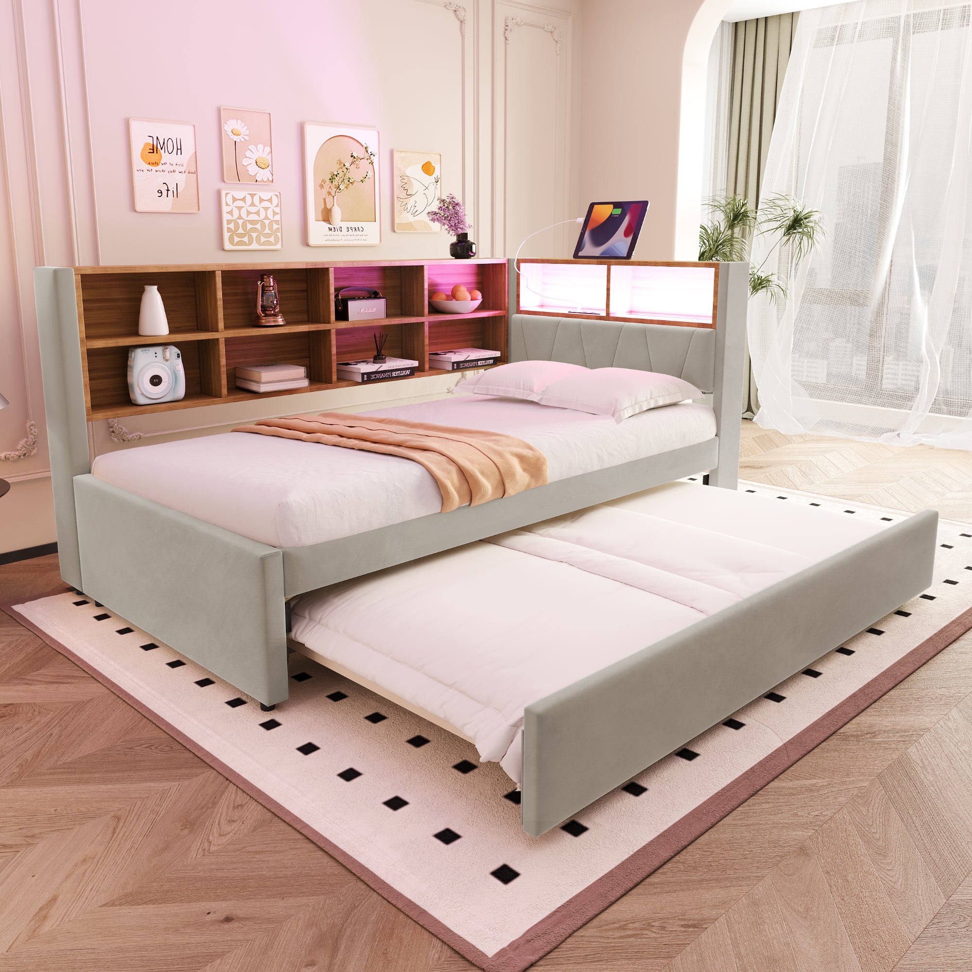 Sofa Bed 90*200, Pull-Out 90*190 with LED Lights, Sockets & Storage, Flannel Light Gray