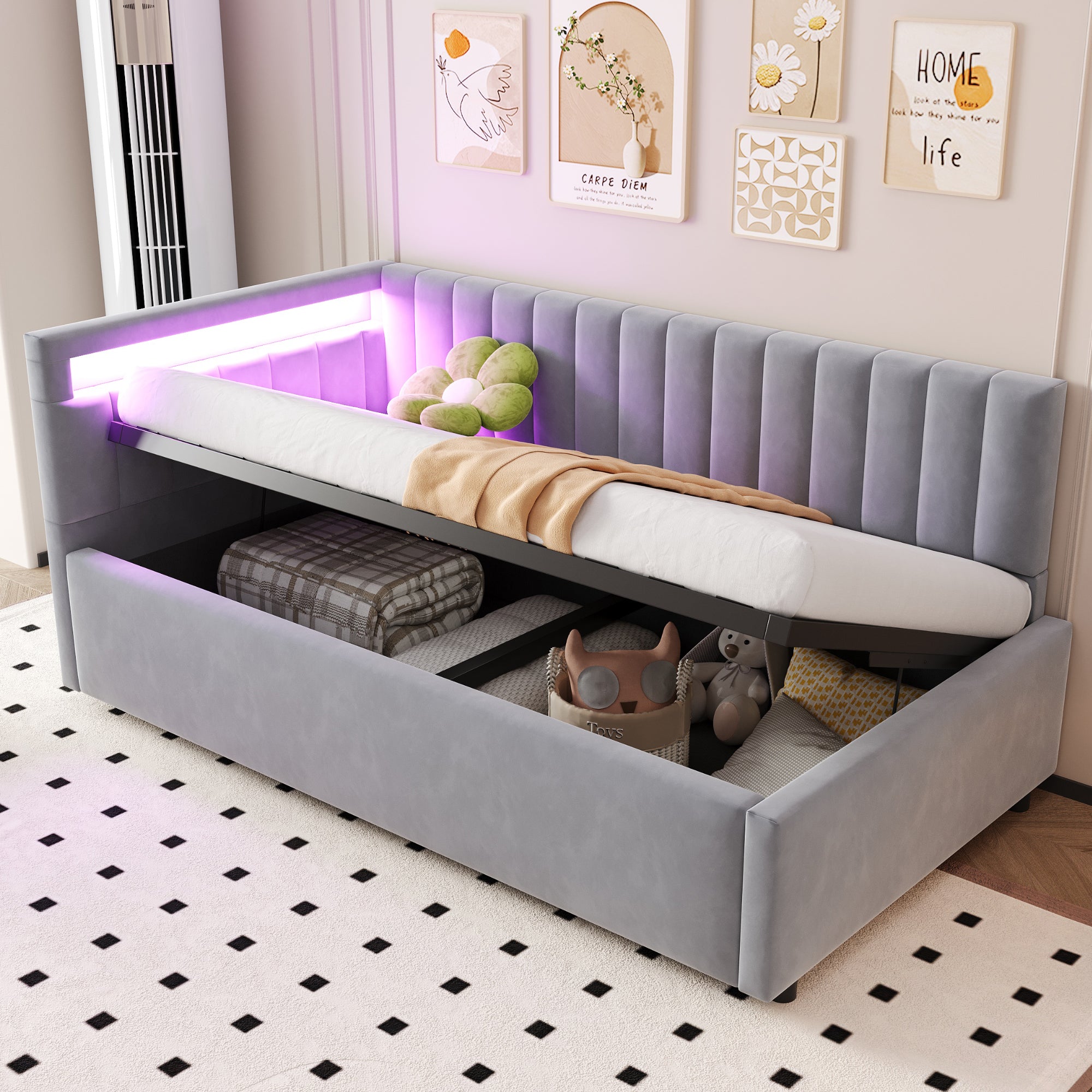 Upholstered Sofa Bed 90x200 with LED Lighting & Hydraulic Storage, Light Grey Velvet