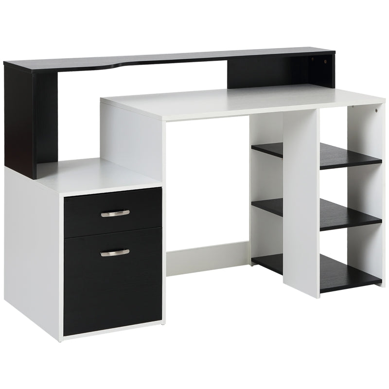 Computer Desk with Drawers, Storage Shelves, and Printer Stand, Black and White