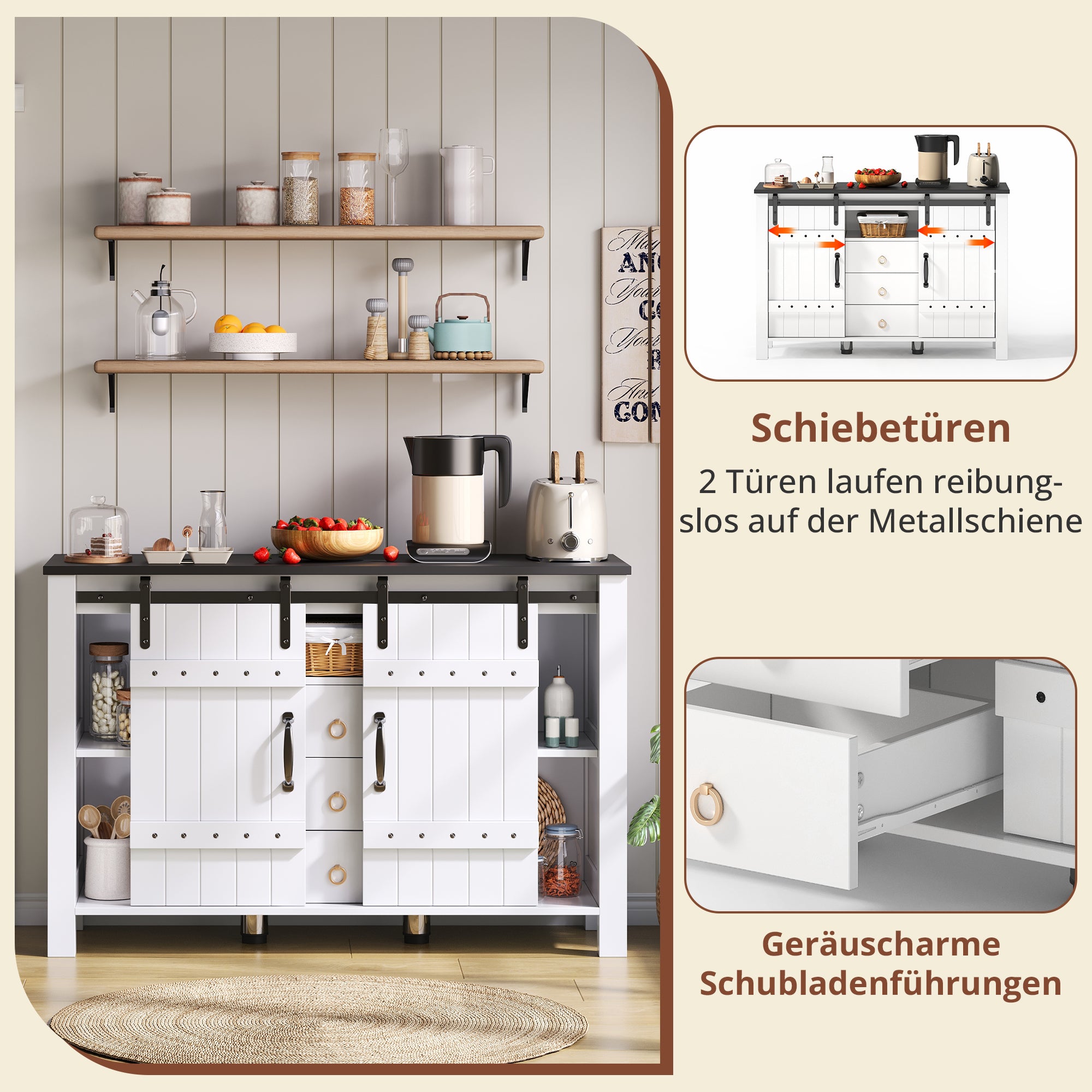 Sideboard Buffet 120cm Sliding Doors 3 Drawers - Rustic White
