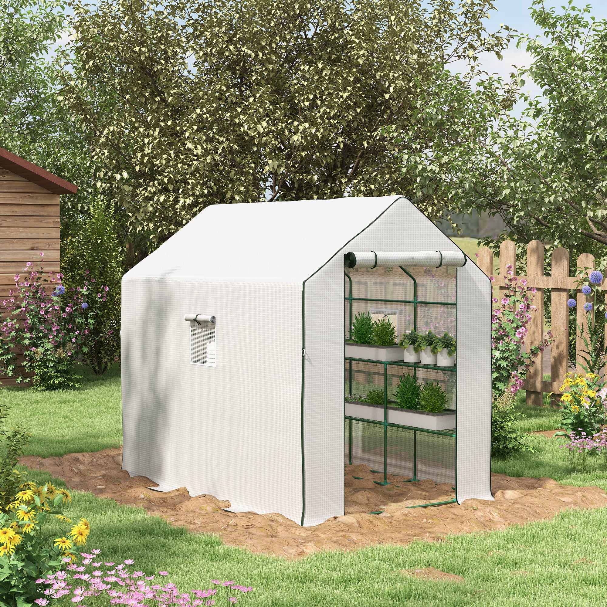 Walk-in Greenhouse 3 Tier 12 Shelves Roll-up Door Reinforced PE Cover, White