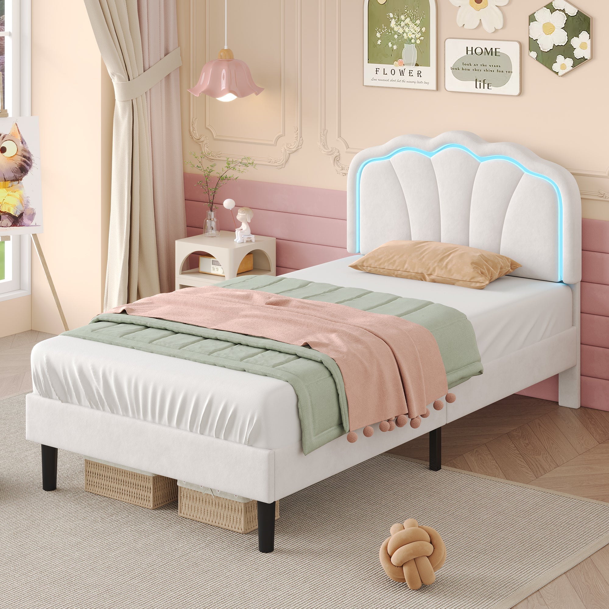 3ft Single Upholstered Bed with LED Adjustable Shell Shape Headboard, Cream White Velvet