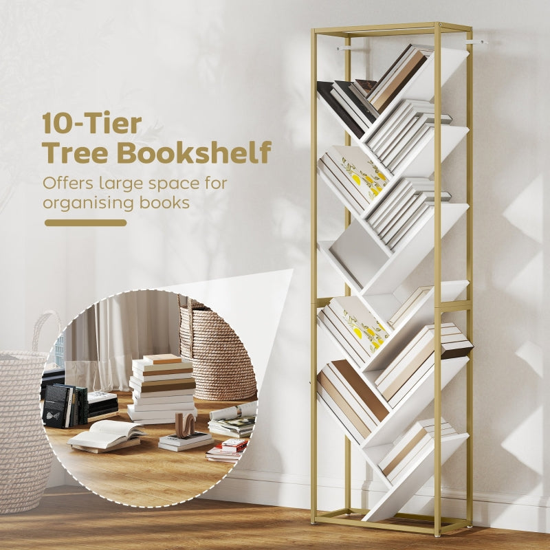 10 Shelf Bookshelf Tree Design Slim Modern Style Gold Tone/White