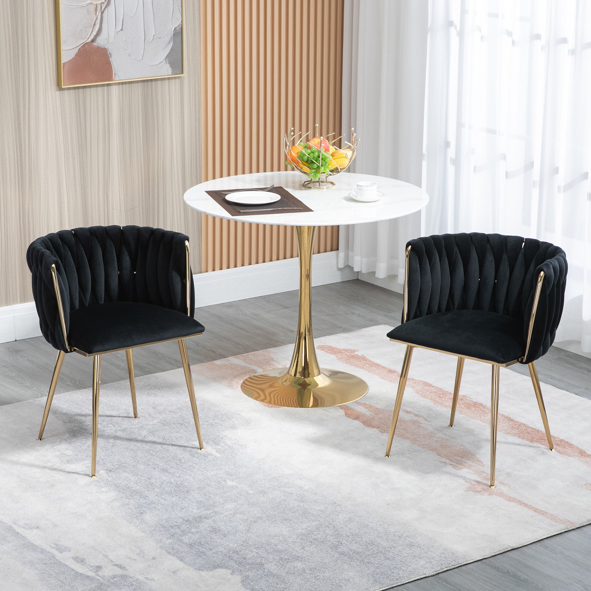 Dining Chair Set Modern Luxury Handwoven Gold Legs Soft Cushion Velvet (Set of 2)