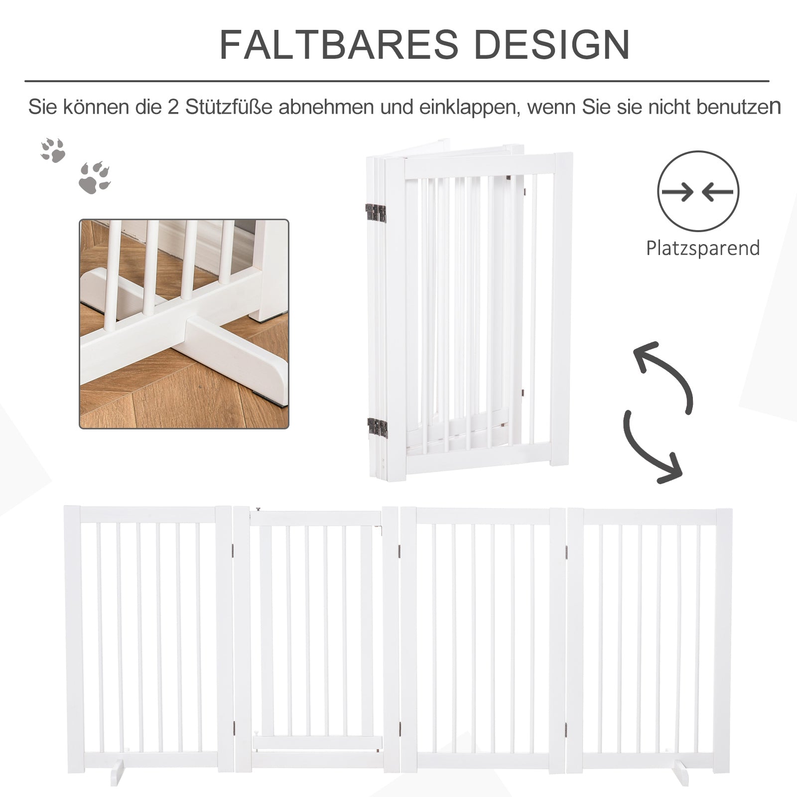 Dog Gate 4-Piece Set Foldable Freestanding 220 x 91 cm, Wooden White