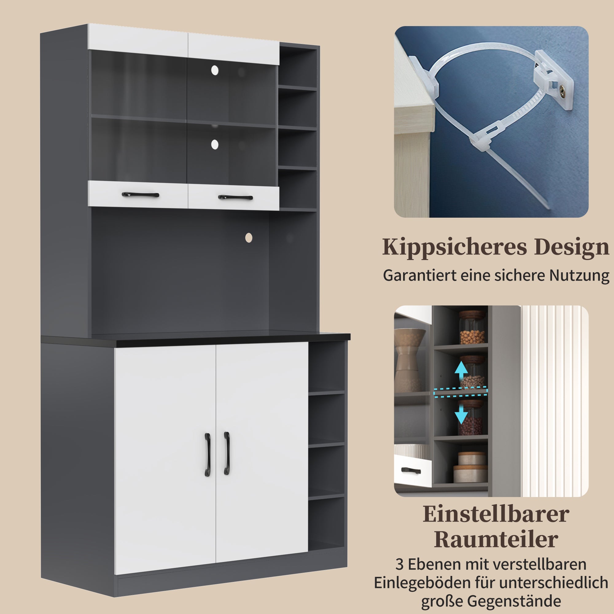 Kitchen Highboard Buffet 100x47x187cm LED Lighting Microwave Adjustable Shelves - Wooden