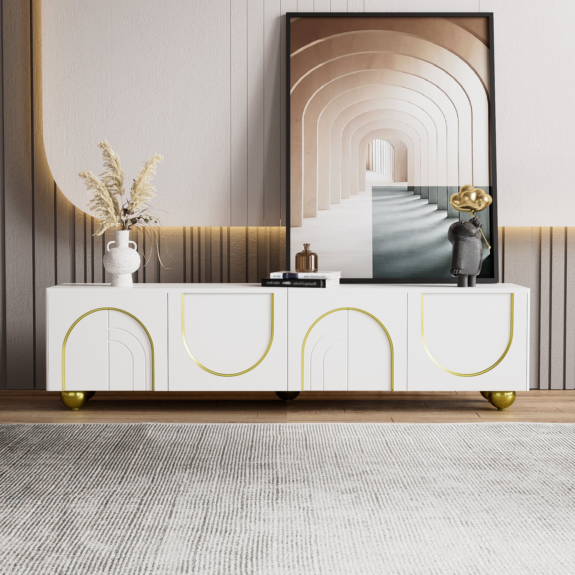 TV Cabinet Lowboard with Textured Doors, Drawers, Open Compartments, Gold Handles and Feet, White and Gold