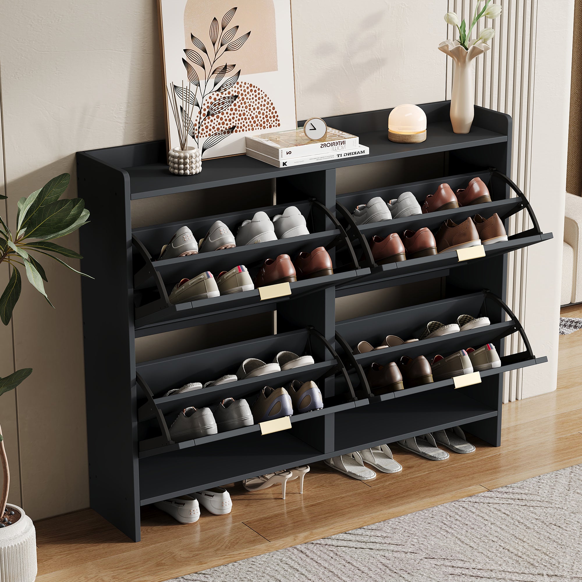 Shoe Cabinet 4 Drop-Down Compartments Open Shelves Entryway, Black