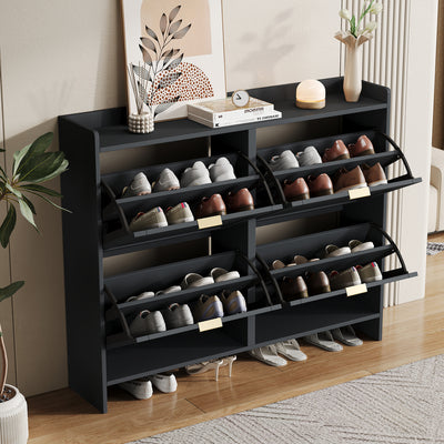 Shoe Cabinet 4 Drop-Down Compartments Open Shelves Entryway, Black