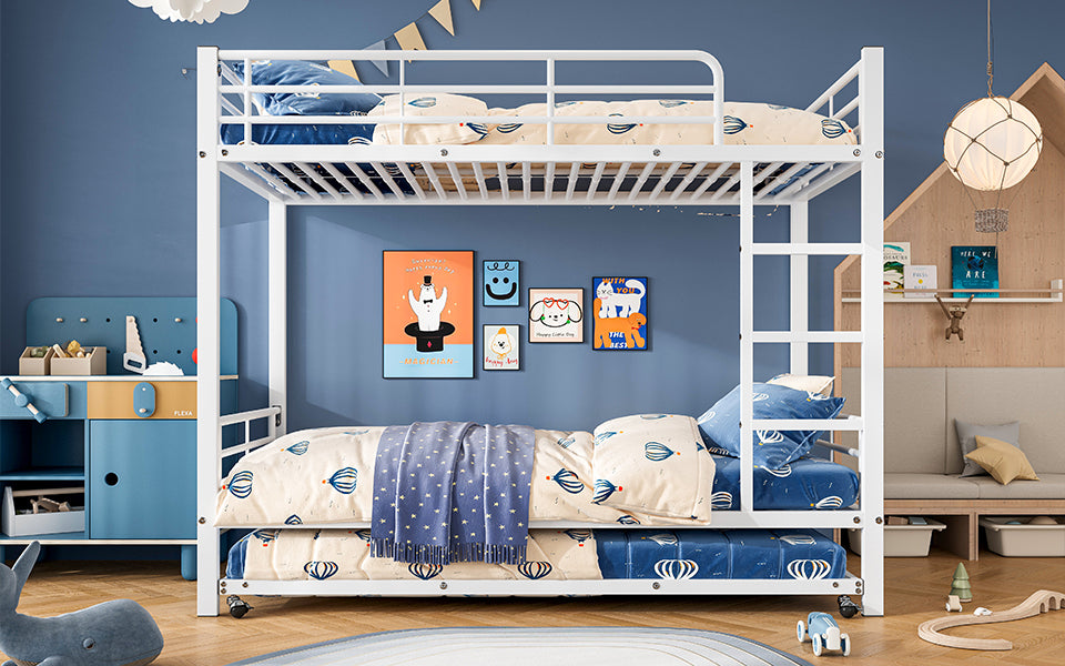 Iron Bunk Bed, Pull-out Bed, Side Rails, 90x200cm & 90x190cm, White