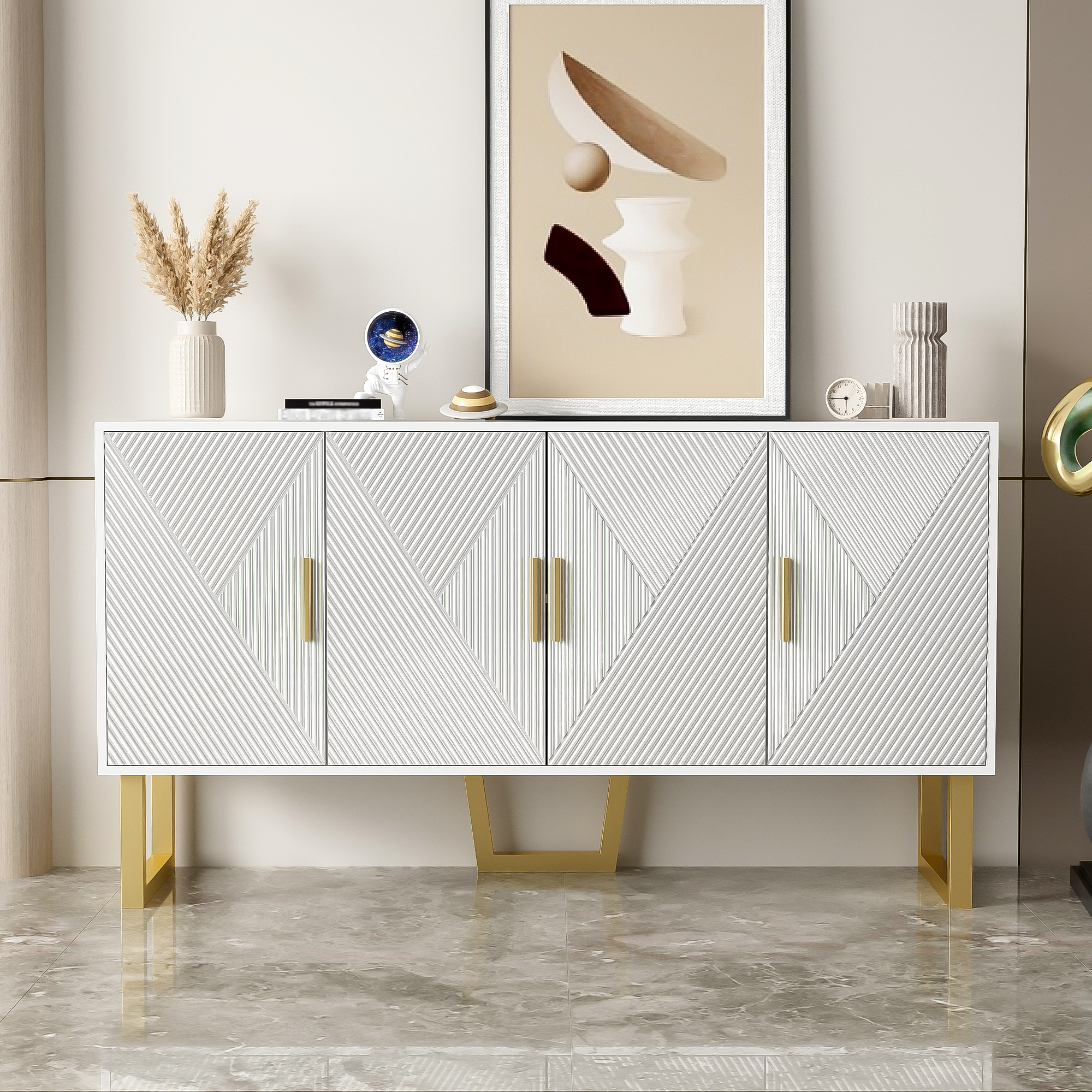 Sideboard, 150cm Modern Luxurious 4-Door with Adjustable Shelves, White High-Gloss