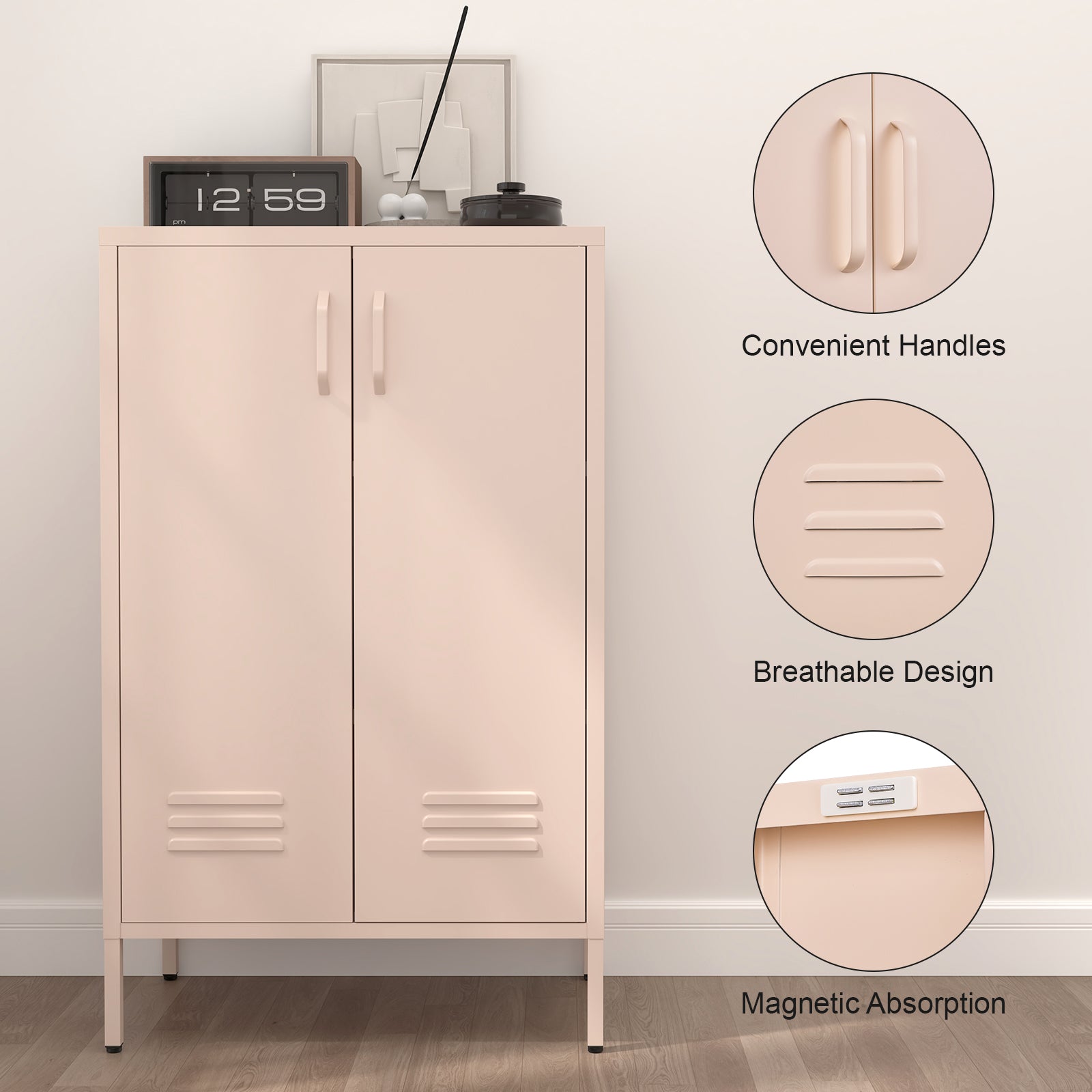 2 Door Metal Storage Cabinet with 2 Adjustable Shelves, Pink