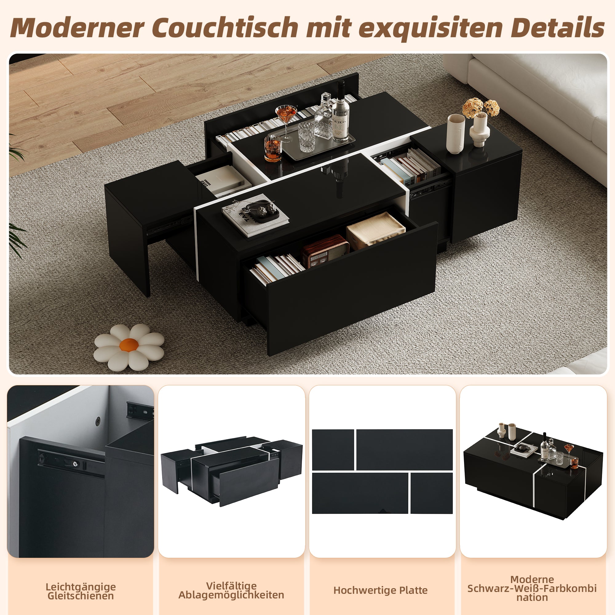 Coffee Table, Modern Square with 4 Drawers & Sliding Top, Black High-Gloss