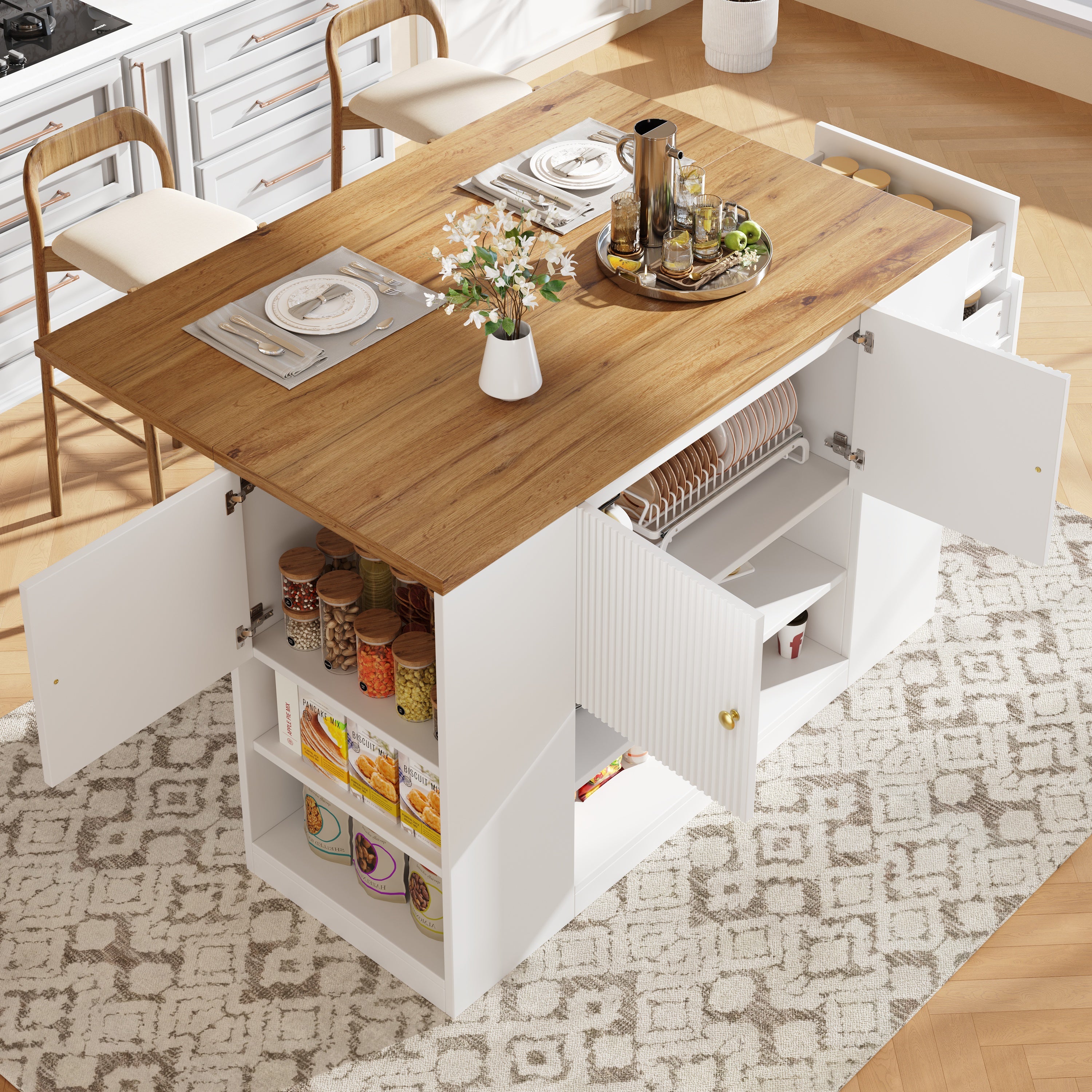 Modern Kitchen Island Sideboard with Drawers and Shelves - White