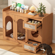 Cat House Litter Box Cabinet Multi-purpose with Food Bowls and Storage, Walnut Color
