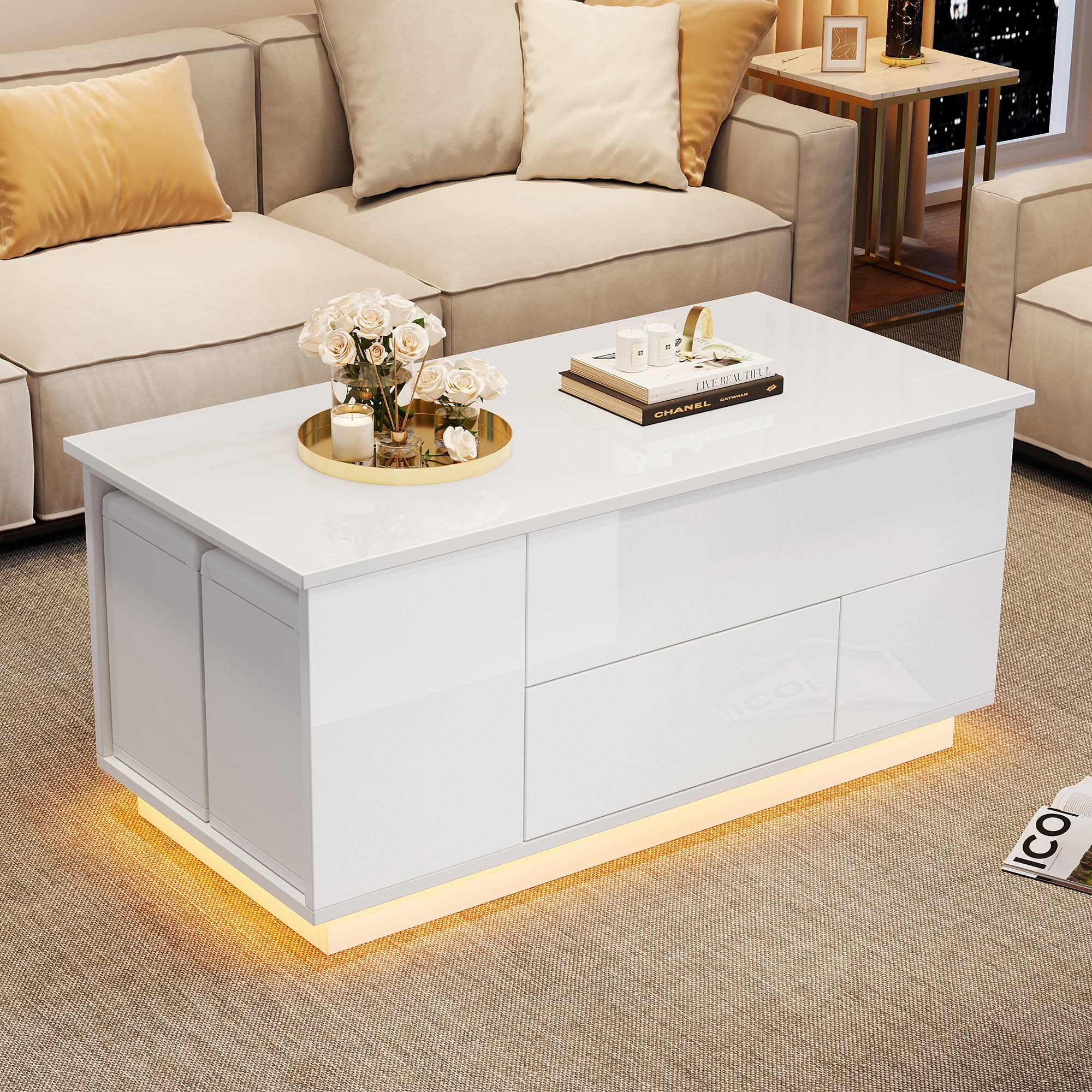 Coffee Table 4-in-1 Height-Adjustable LED 2 Drawers High-Gloss White