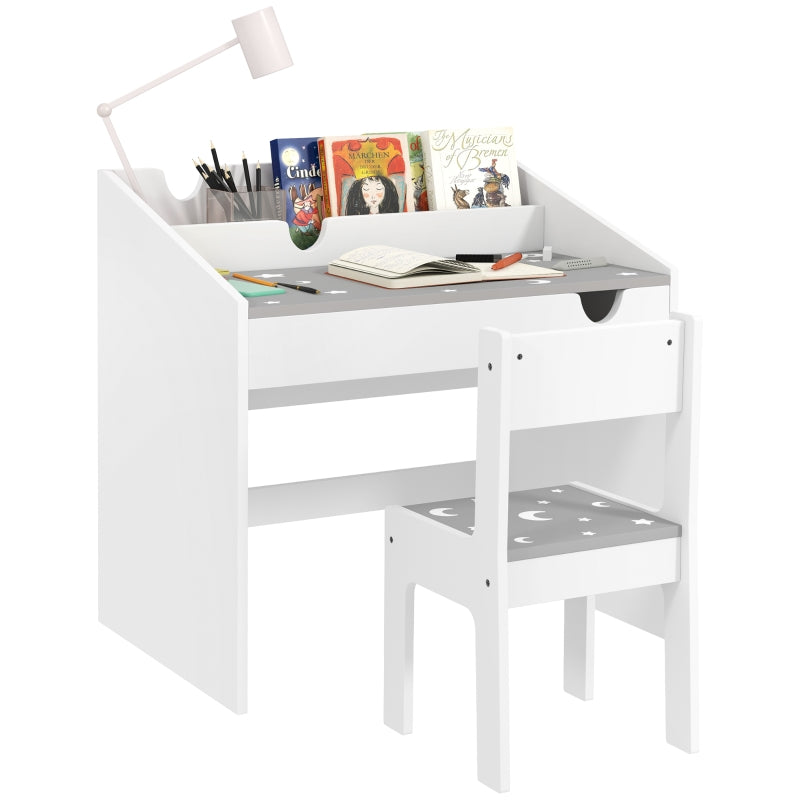 Children Study Table and Chair Set, Desk with Storage and Pull-Out Drawer for Ages 3-6, Grey