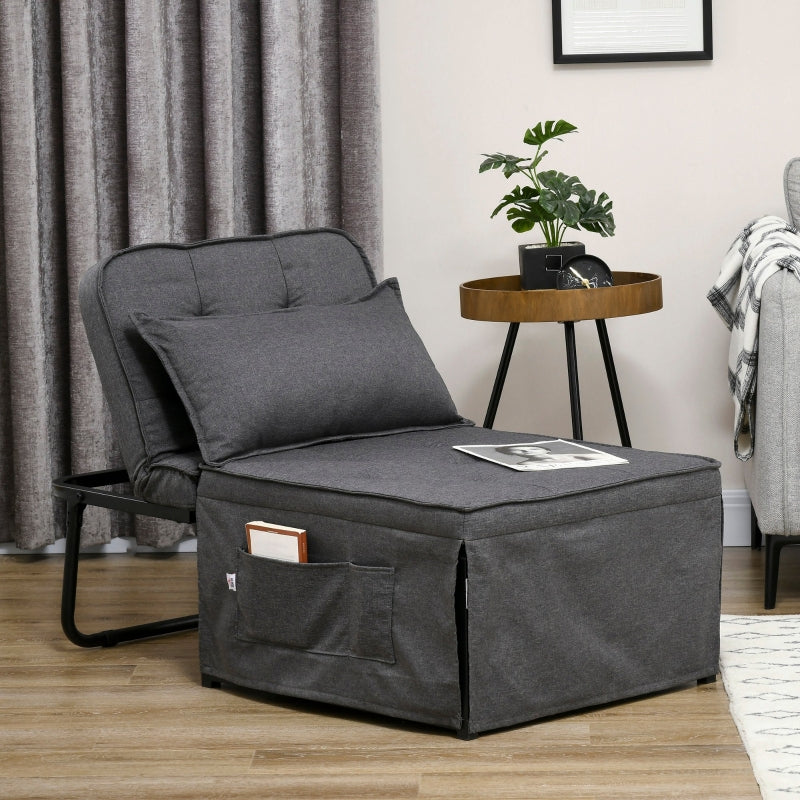 Fabric Sleeper Chair, Folding Bed Adjustable Backrest Pillow, Charcoal Grey