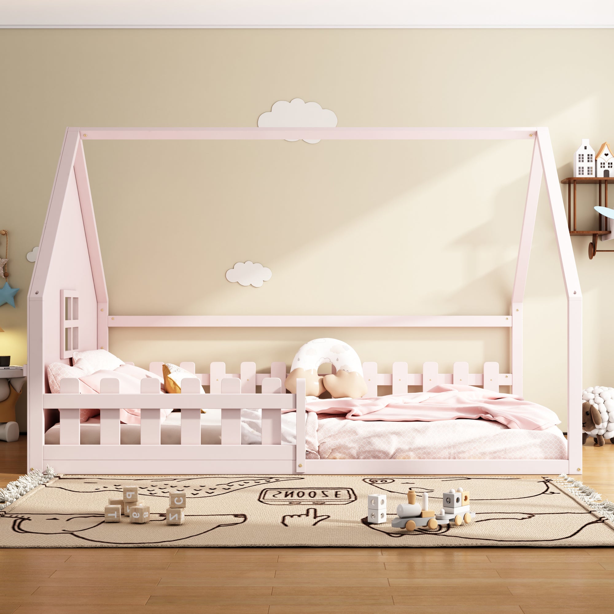 Flatbed Children's Bed with House Railing, 140x200 cm, Pine Wood, Pink