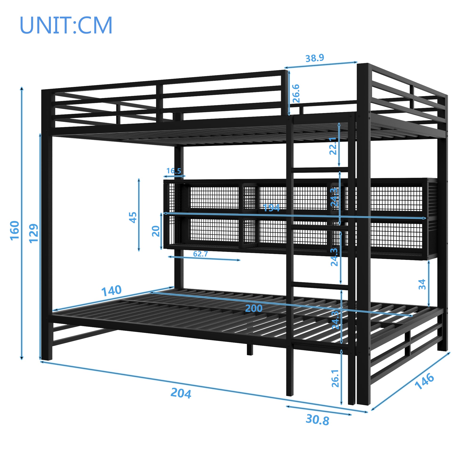 Bunk Bed 140x200 with Storage Cabinets LED Light Black