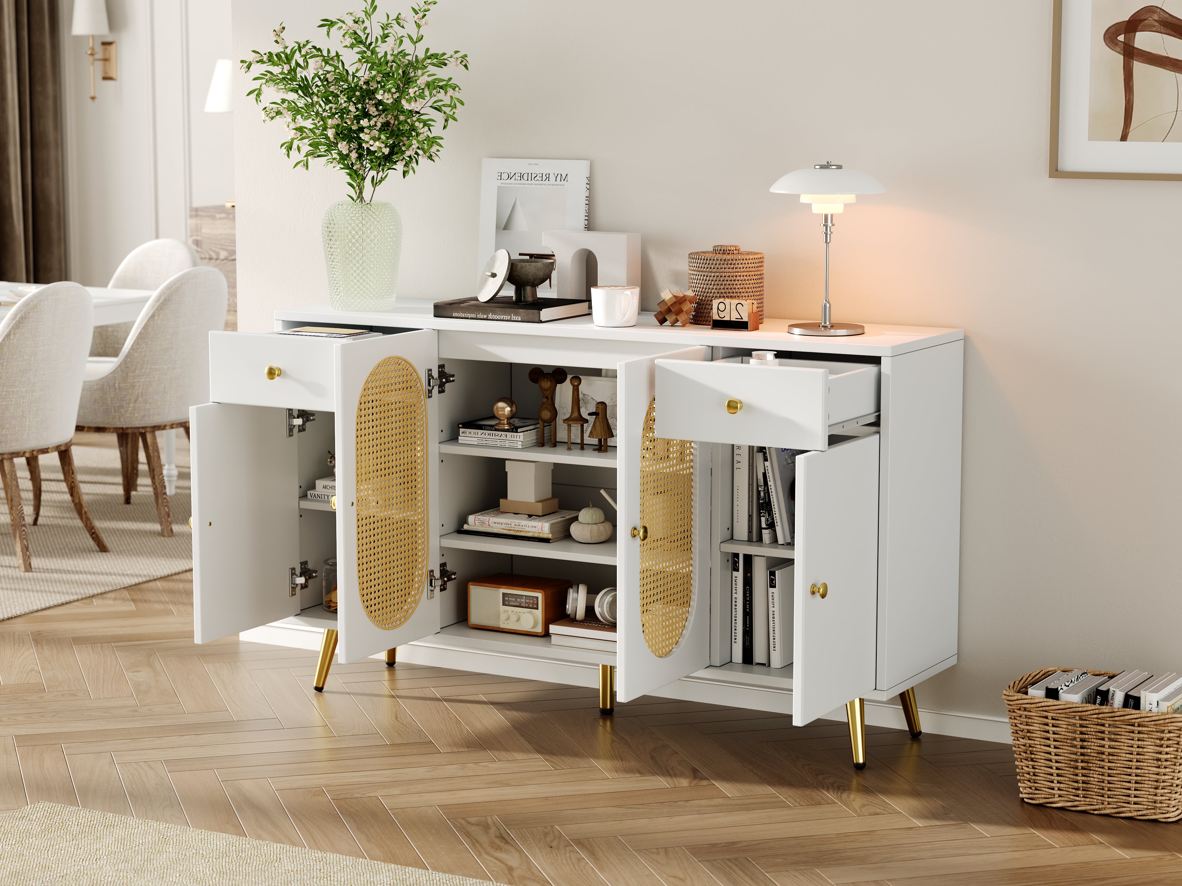 Chest of Drawers Sideboard 2 Drawers 4 Doors Adjustable Shelves White/Natural