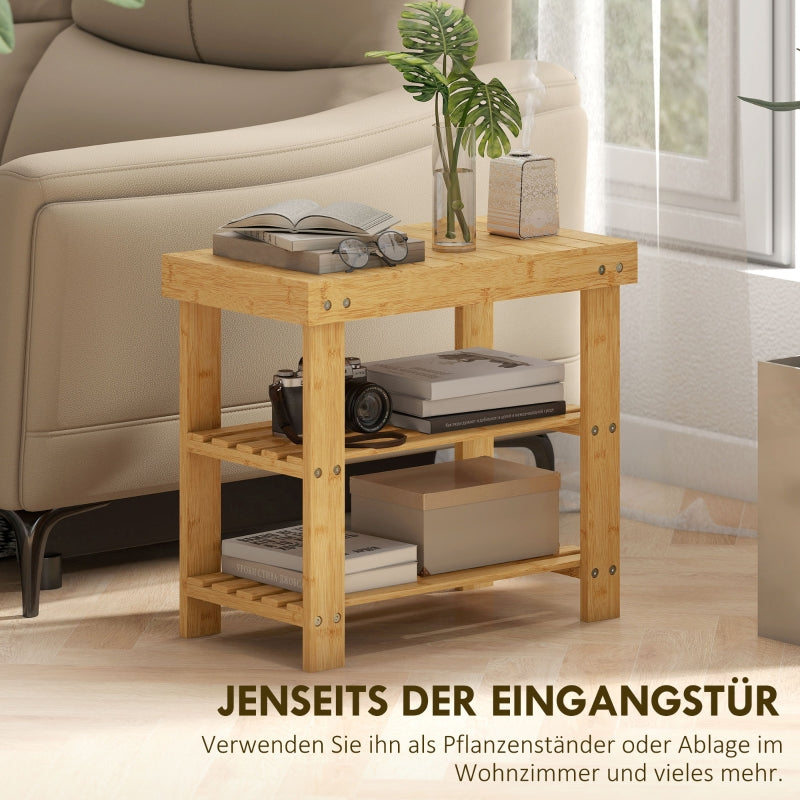 Bamboo Shoe Bench/Rack with 2 Shelves and Seat, Natural