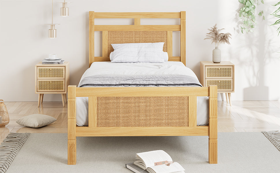 Wooden Bed, Single 90x190cm, Rattan Paper MDF/Pine, Wood Colour